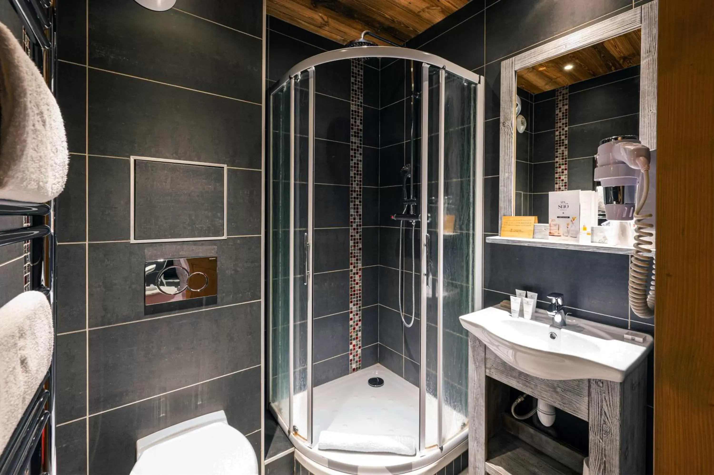 Shower, Bathroom in Hôtel L'Aiguille Percée