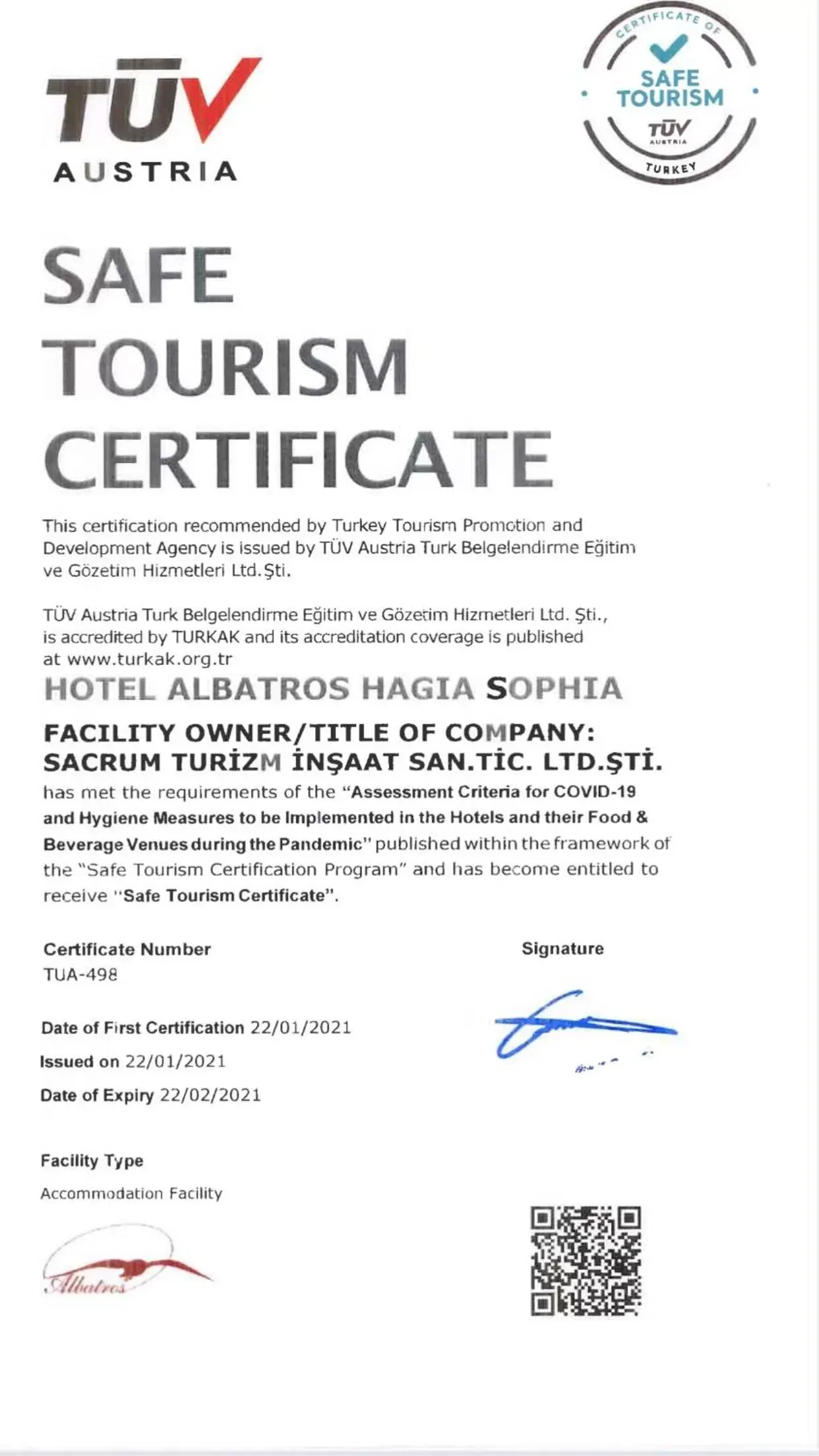 Certificate/Award in Albatros Hagia Sophia Hotel