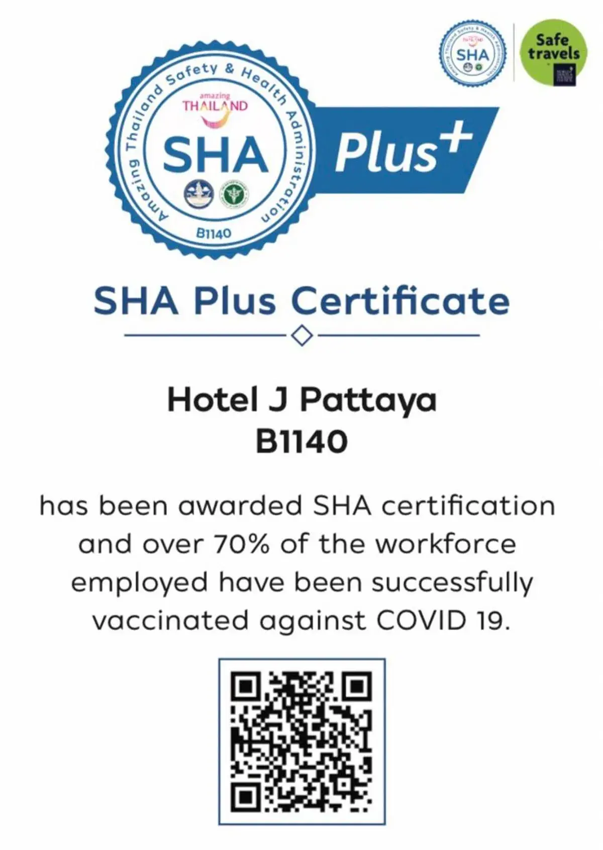 Certificate/Award in J Inspired Hotel Pattaya (SHA Plus)