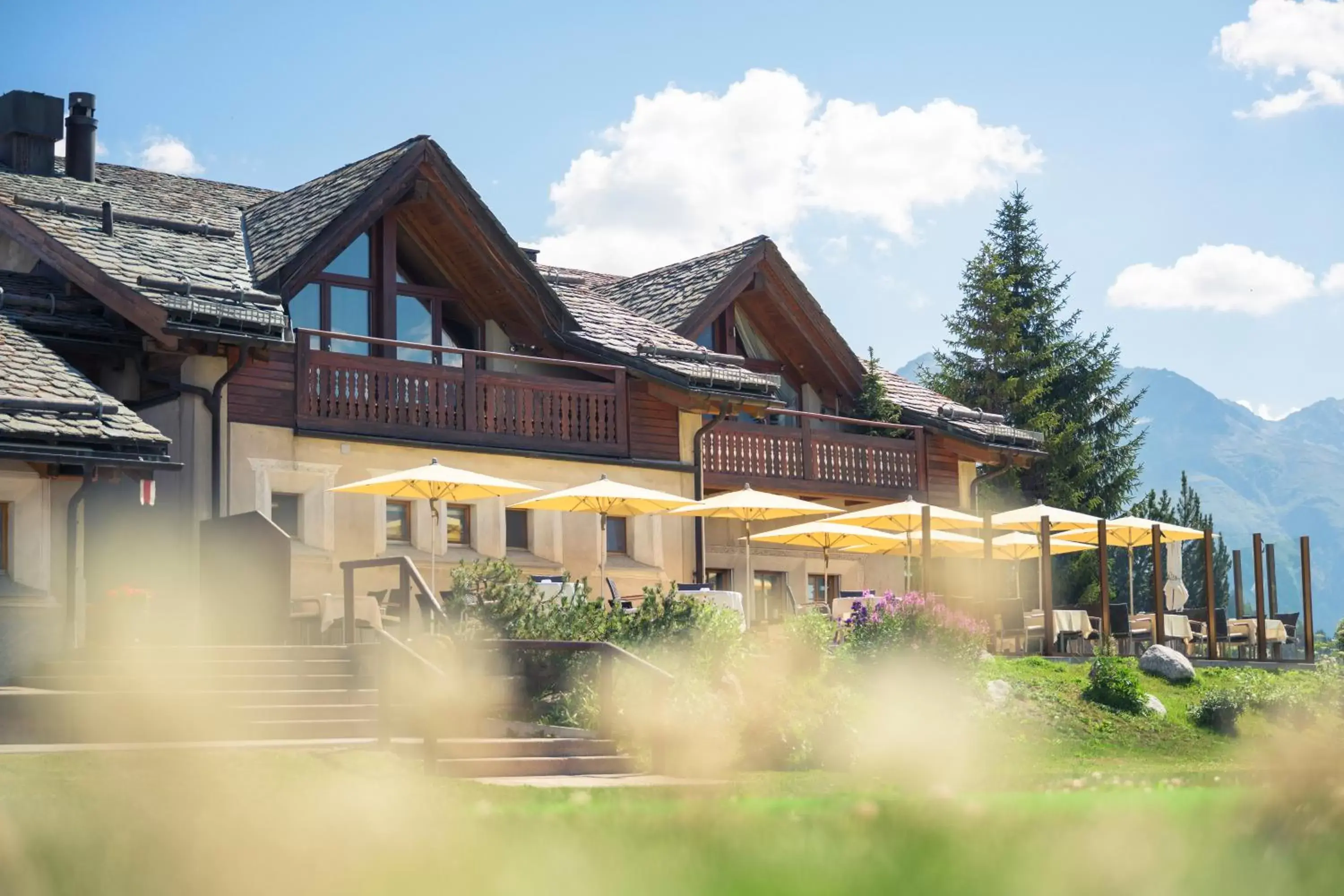 Patio, Property Building in Kulm Hotel St. Moritz