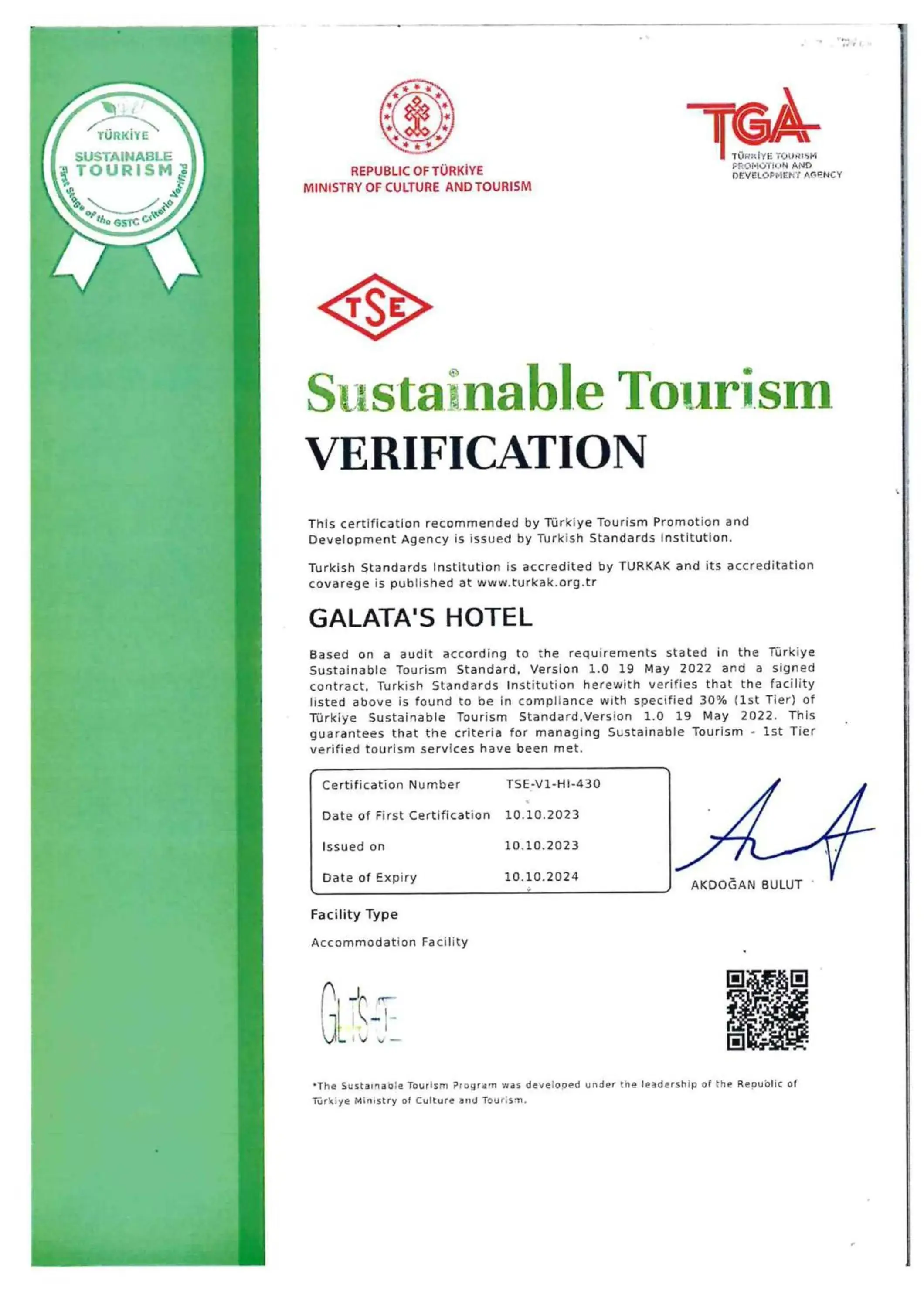 Certificate/Award in Galata's Hotel