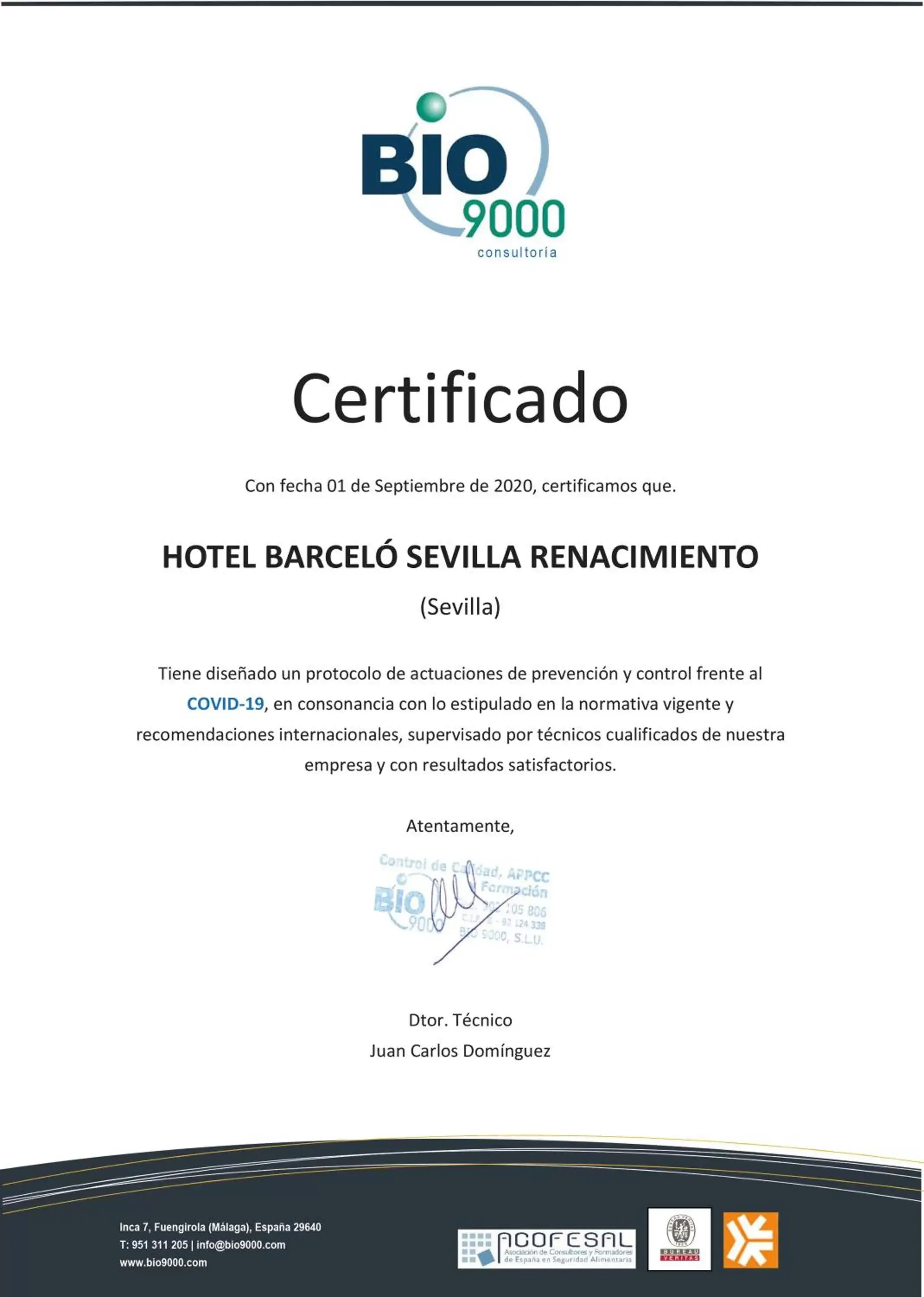 Certificate/Award in Barceló Sevilla Renacimiento