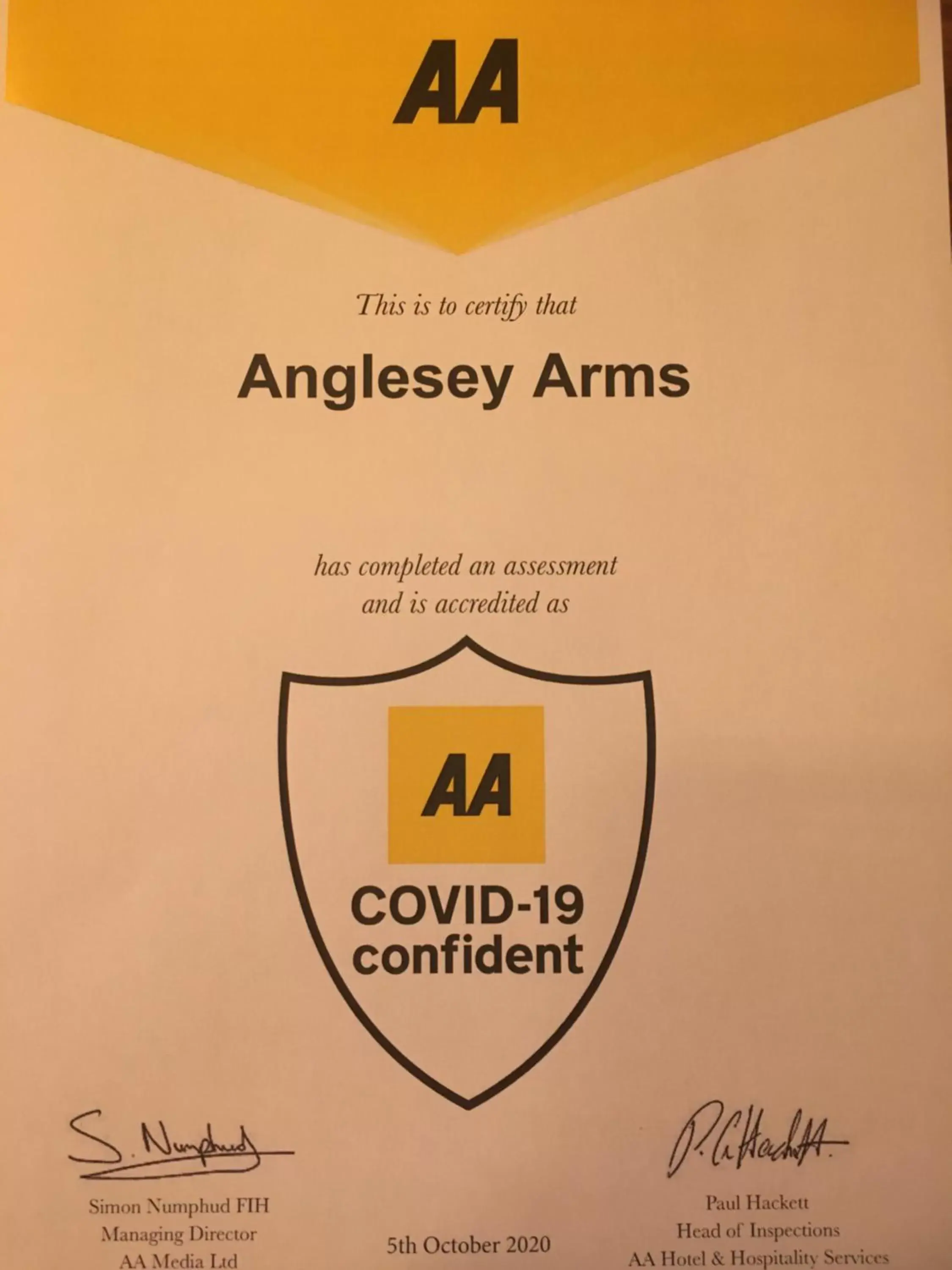 Certificate/Award in Anglesey Arms Hotel