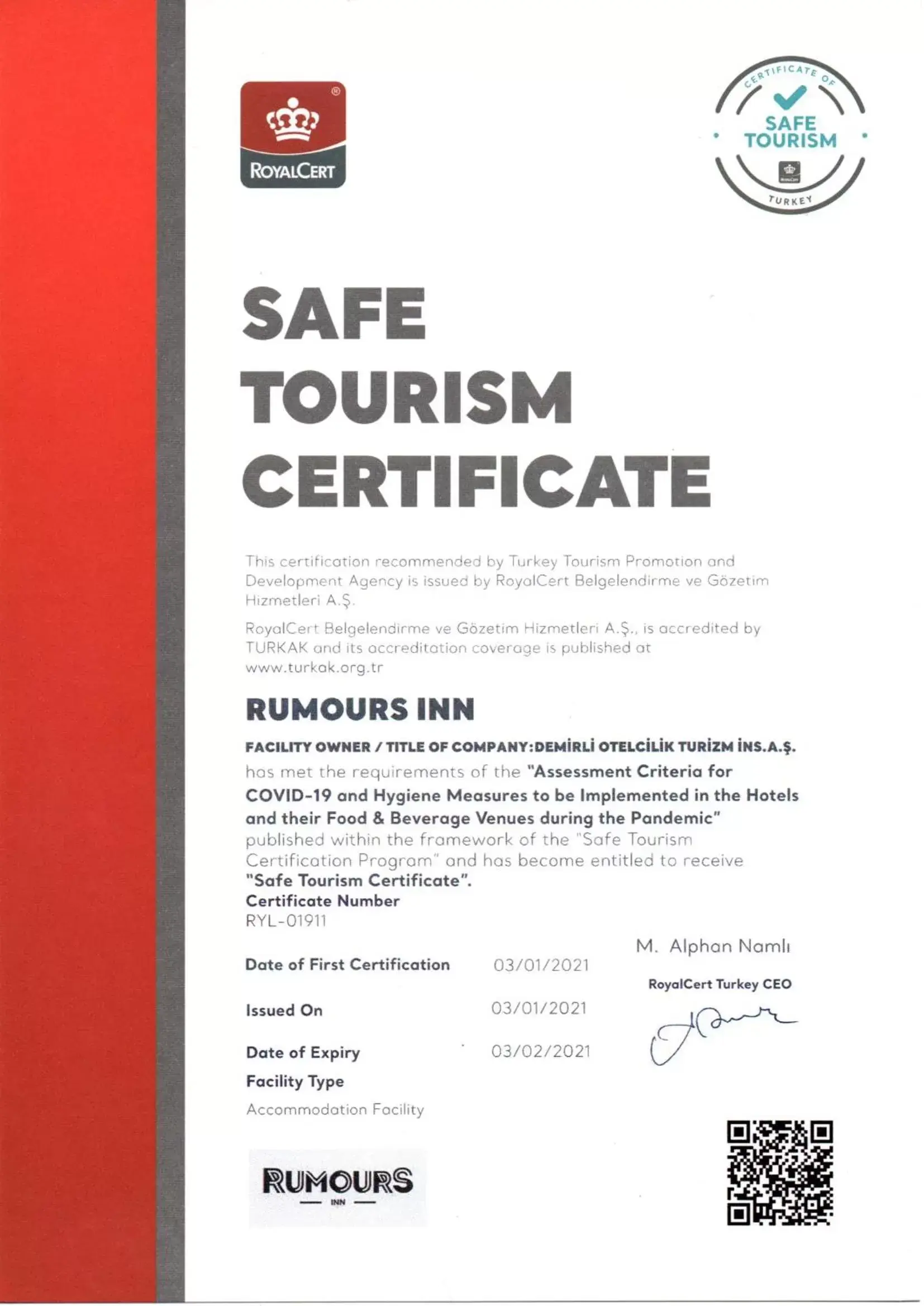Certificate/Award in Rumours Inn