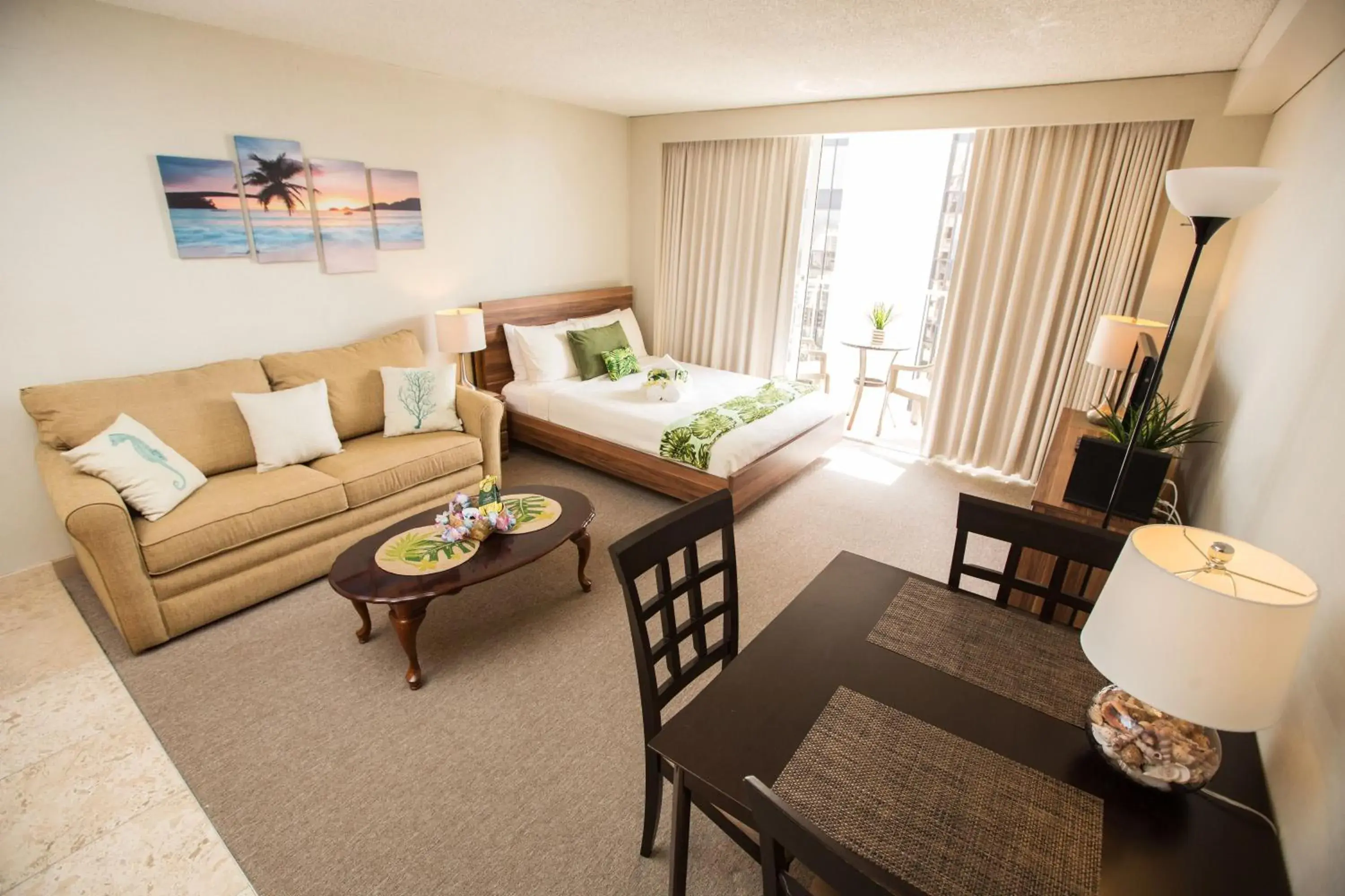 Seating Area in Tropical Studios at Marine Surf Waikiki - FREE PARKING - BEST LOCATION - FULL KITCHEN - SWIMMING POOL