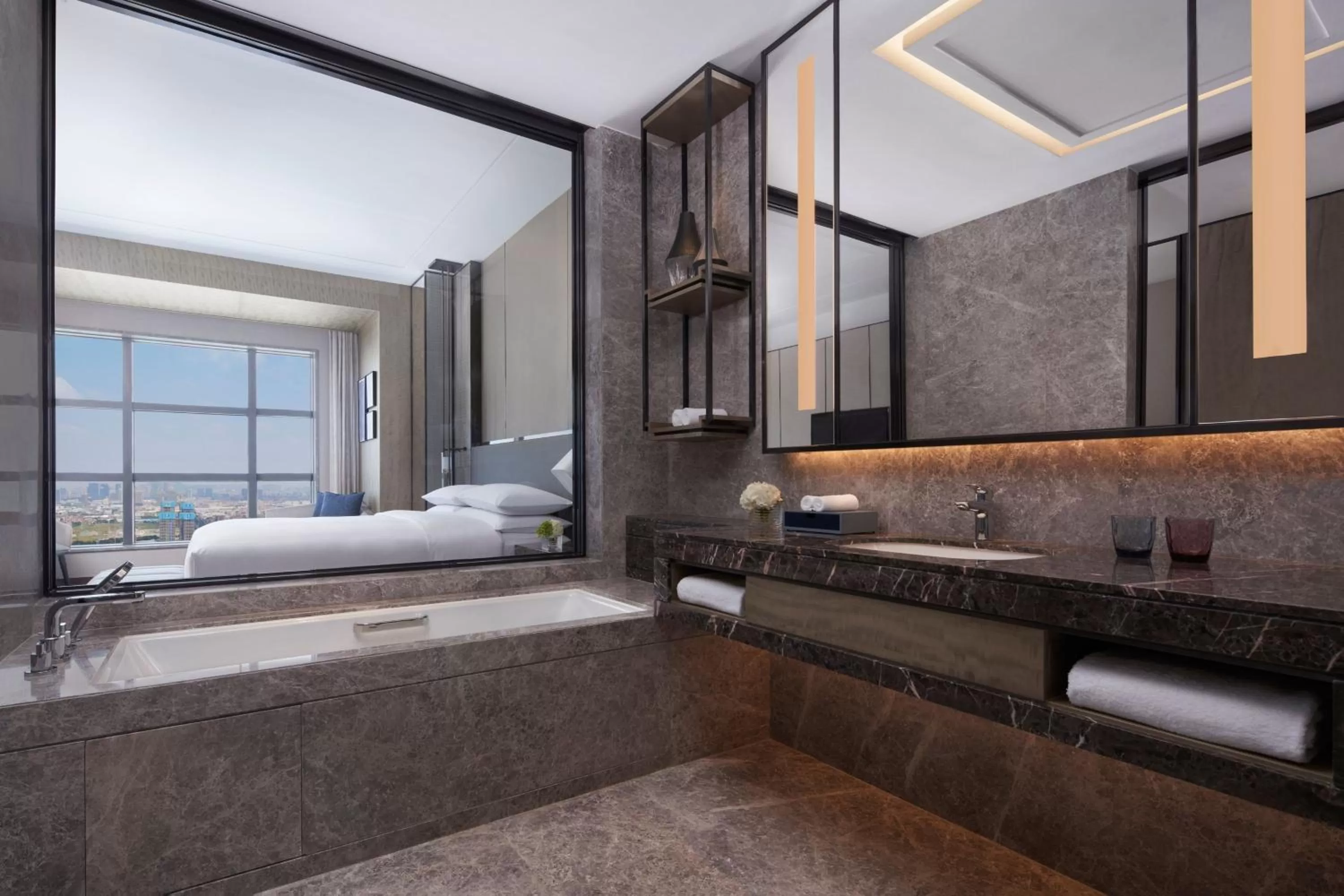 Bathroom, Bed in Foshan Marriott Hotel
