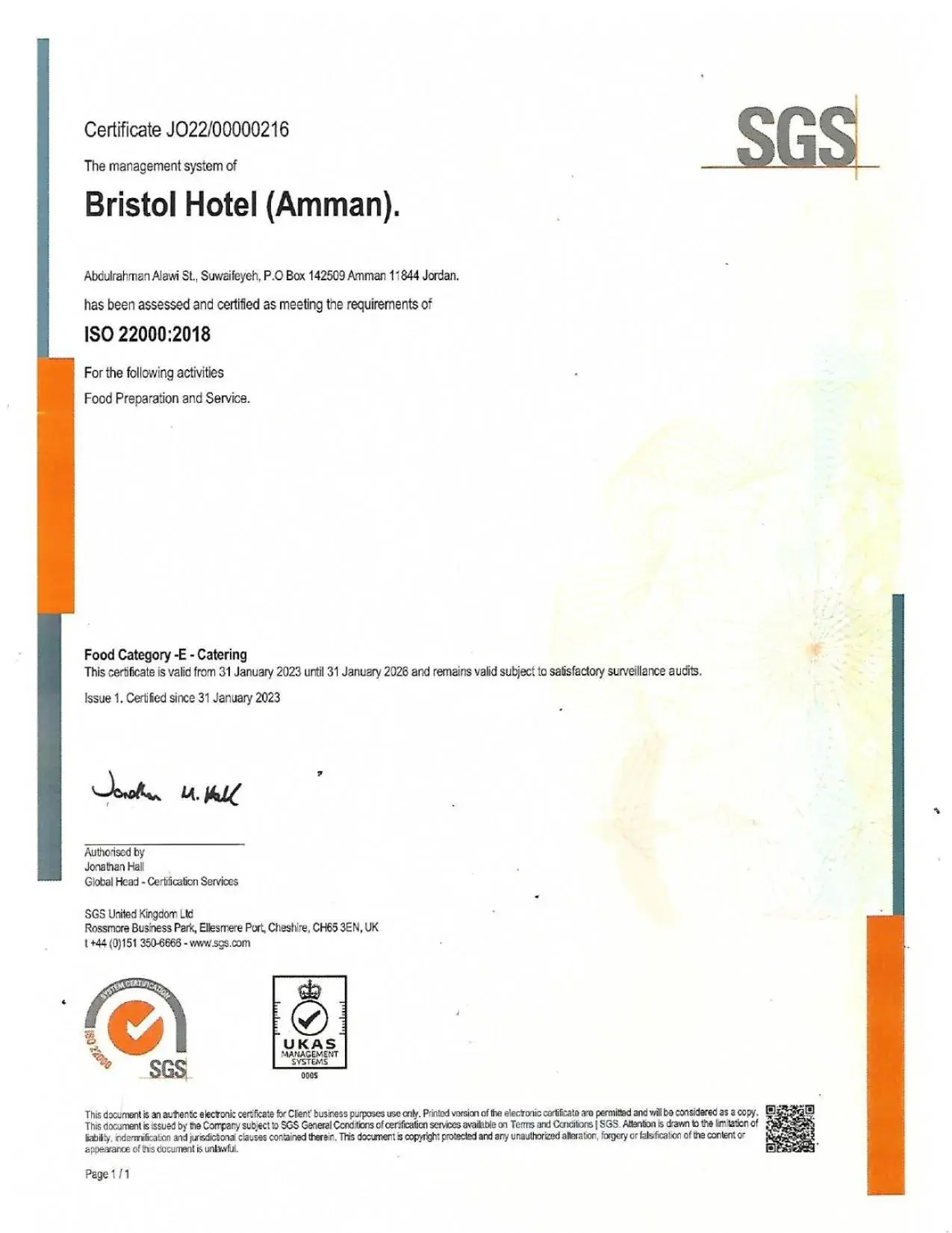 Certificate/Award, Floor Plan in Bristol Amman Hotel