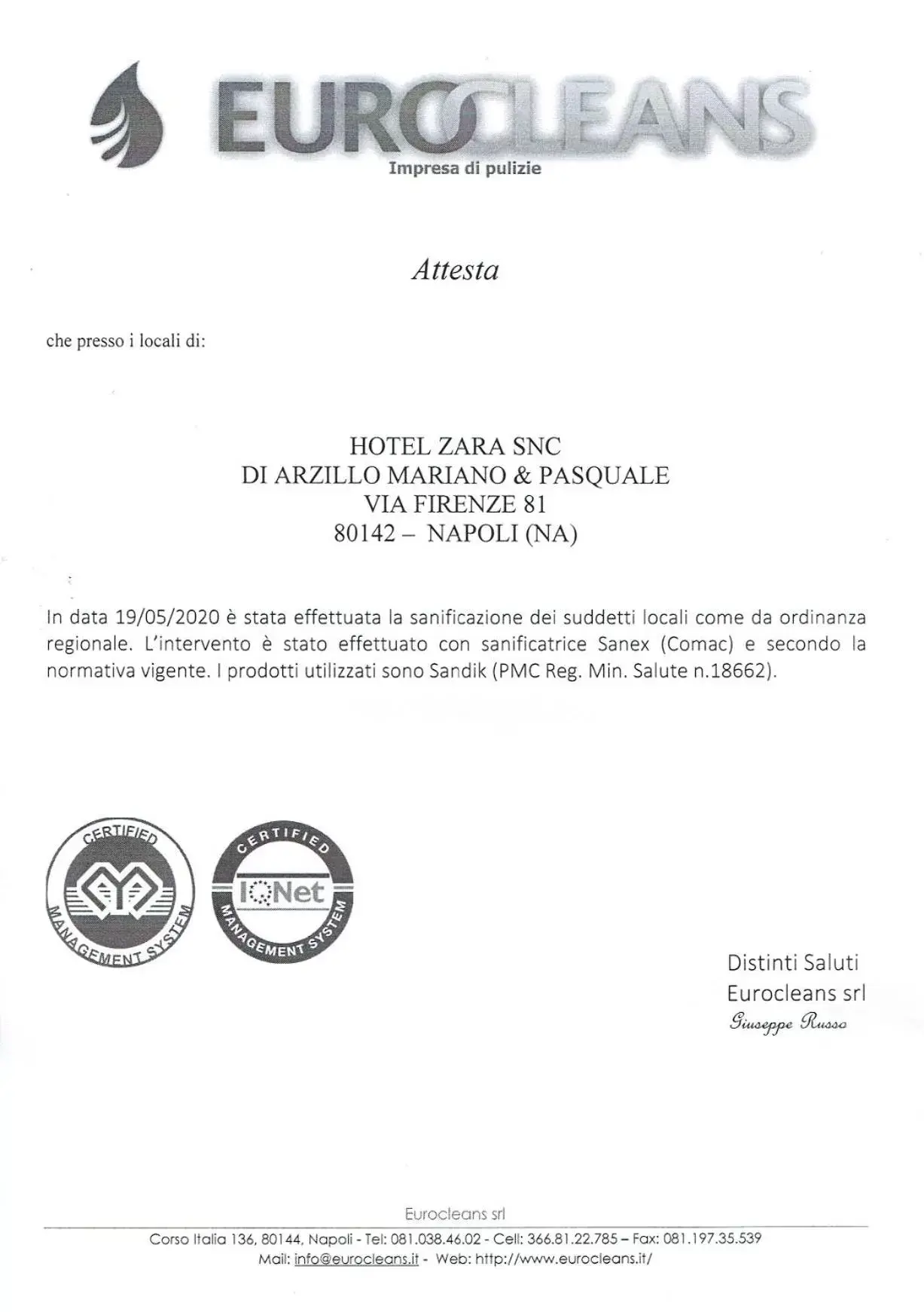 Certificate/Award in Hotel Zara Napoli