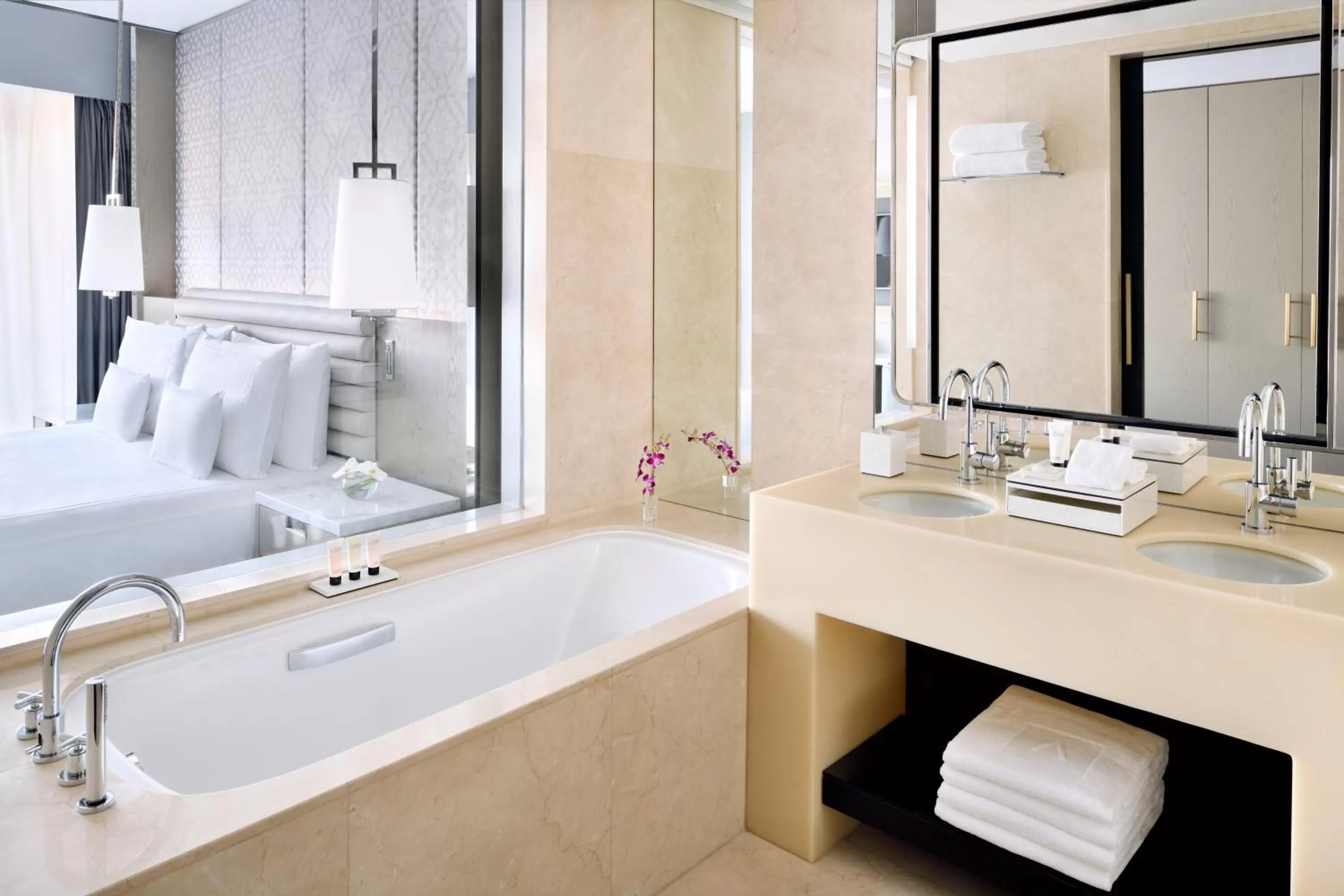 Bathroom, Bed in Address Dubai Mall