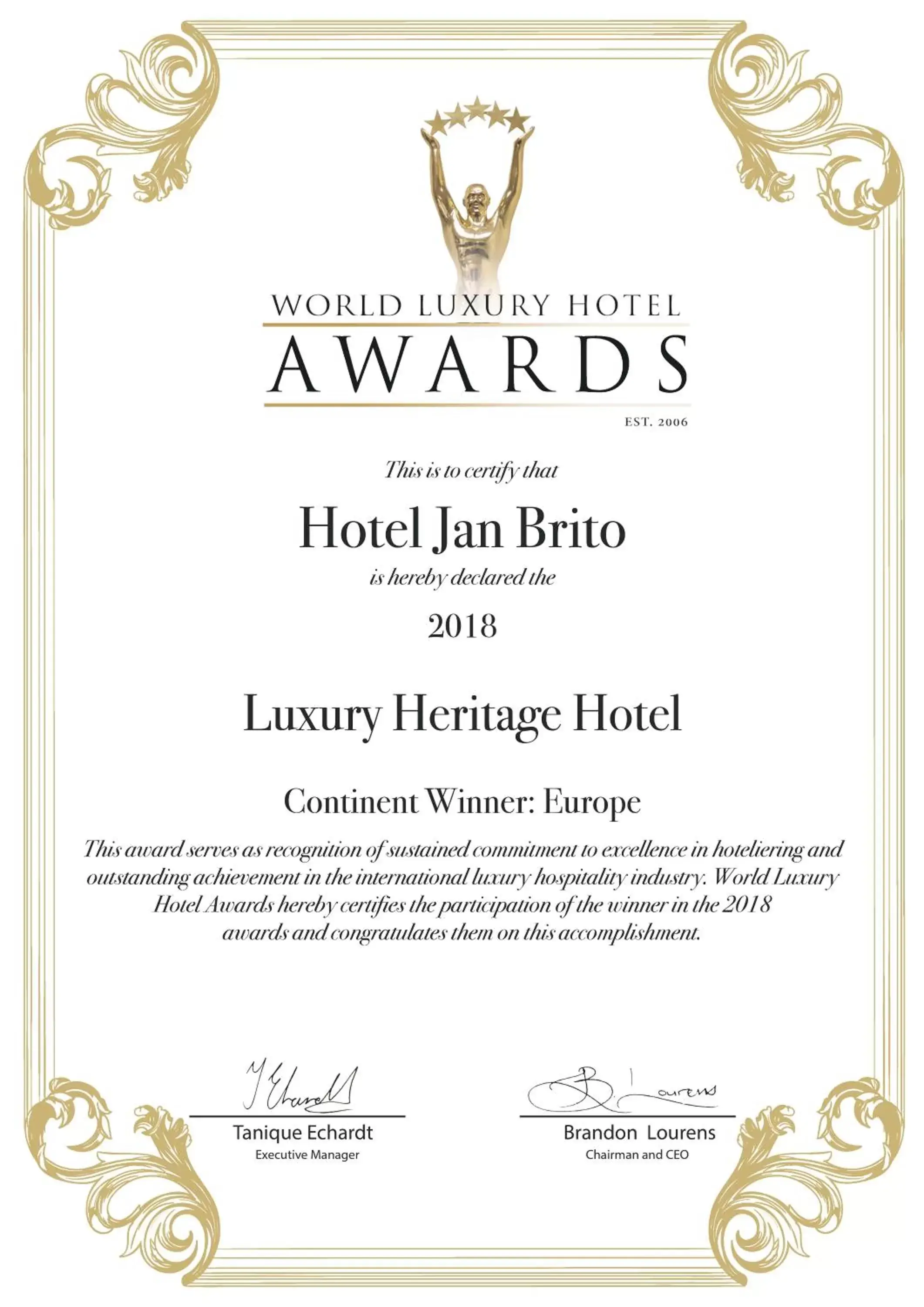 Certificate/Award in Hotel Jan Brito