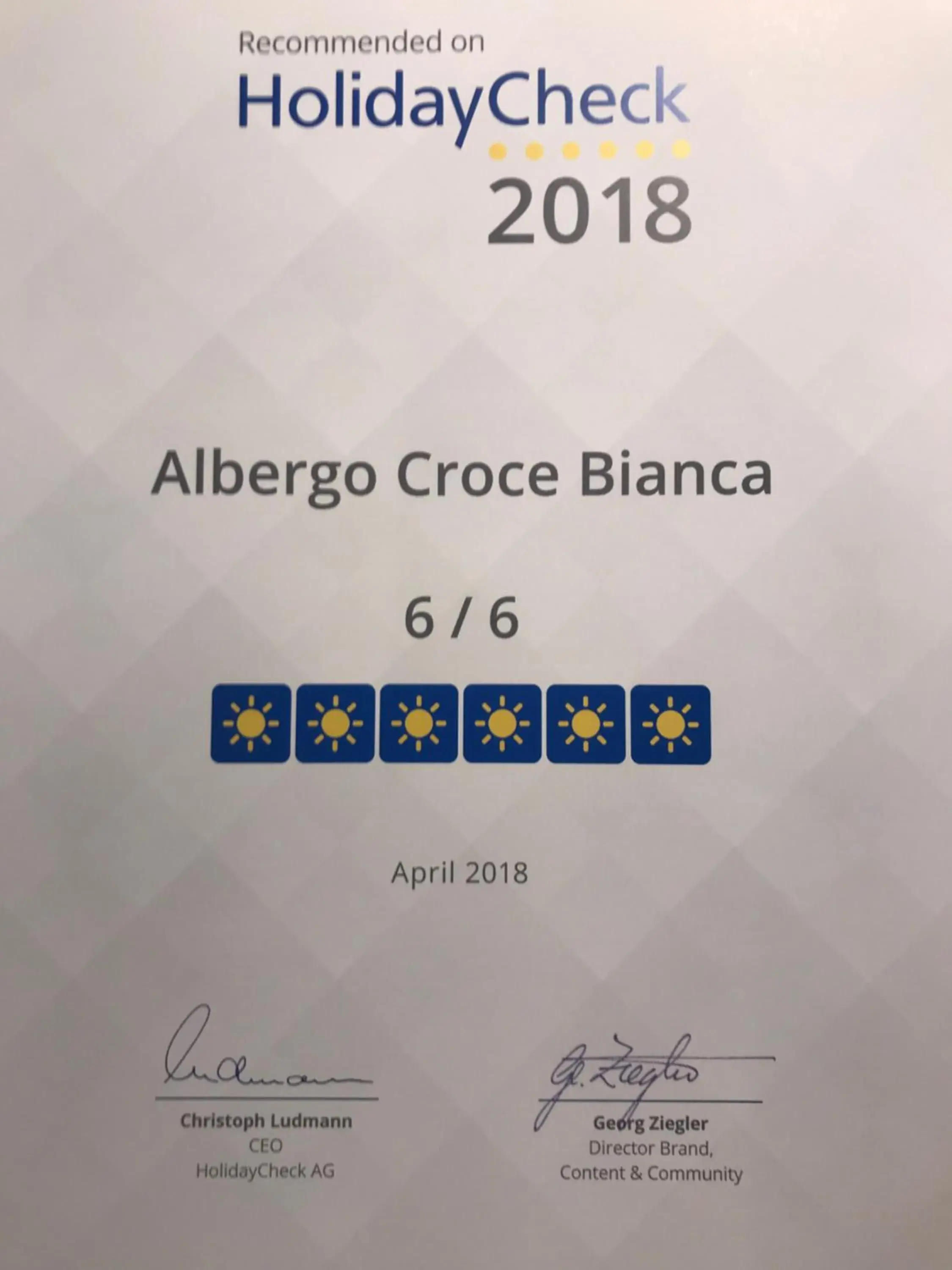 Certificate/Award in Albergo Croce Bianca