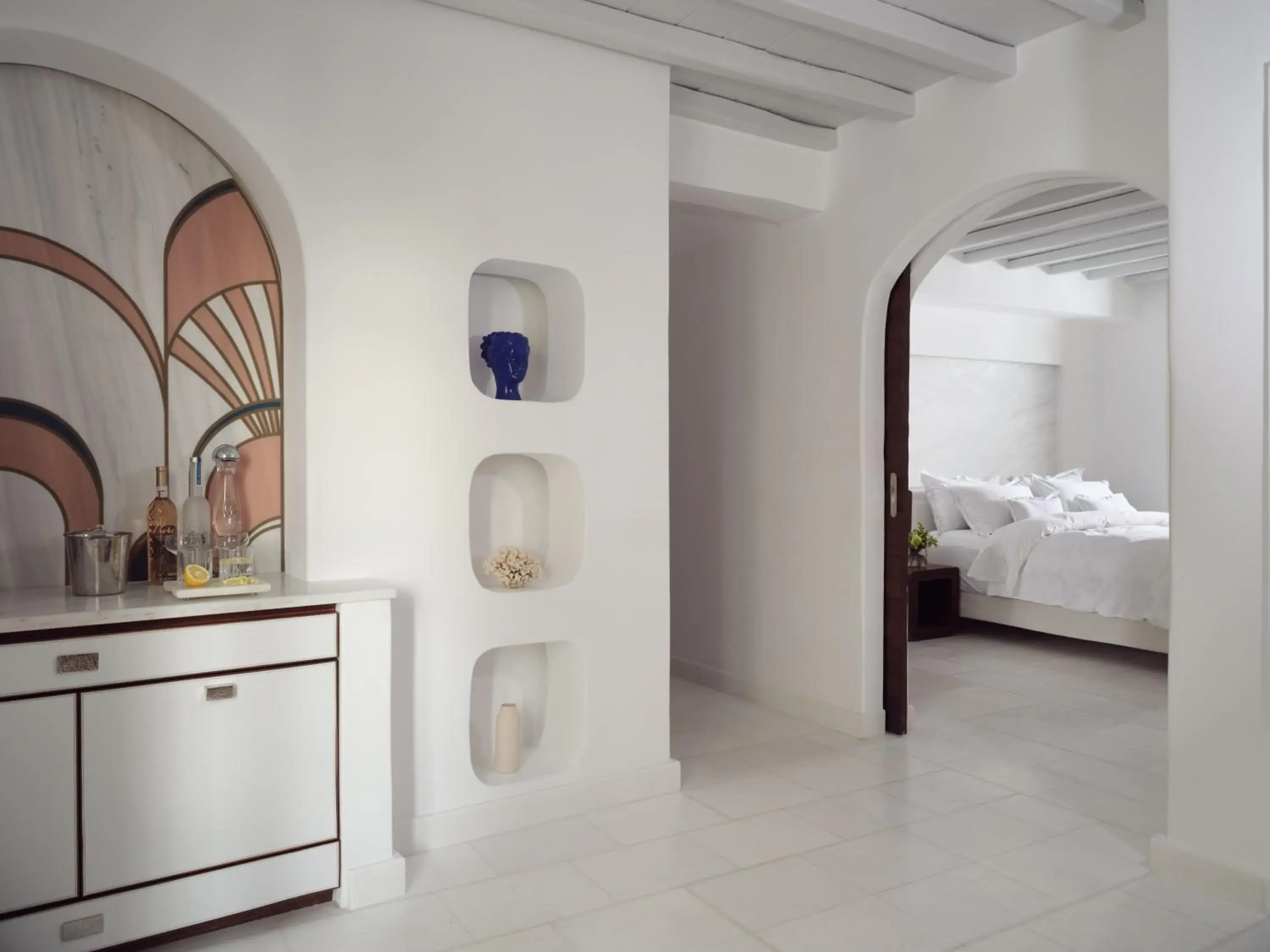 Bed, Bathroom in Belvedere Mykonos - Main Hotel