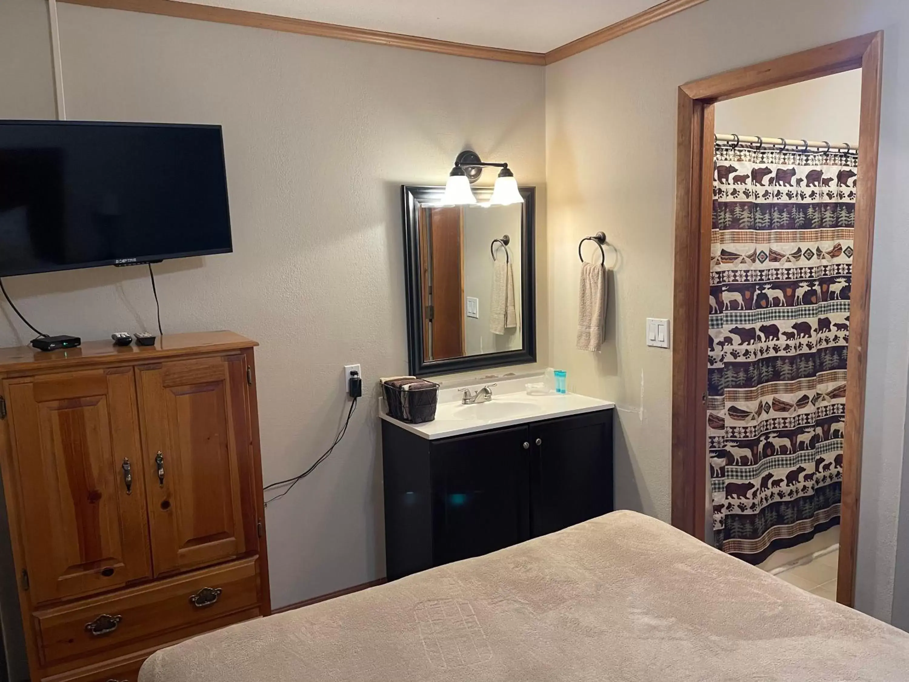 Bathroom, TV/Entertainment Center in Hunter's Friend Resort Near Table Rock Lake