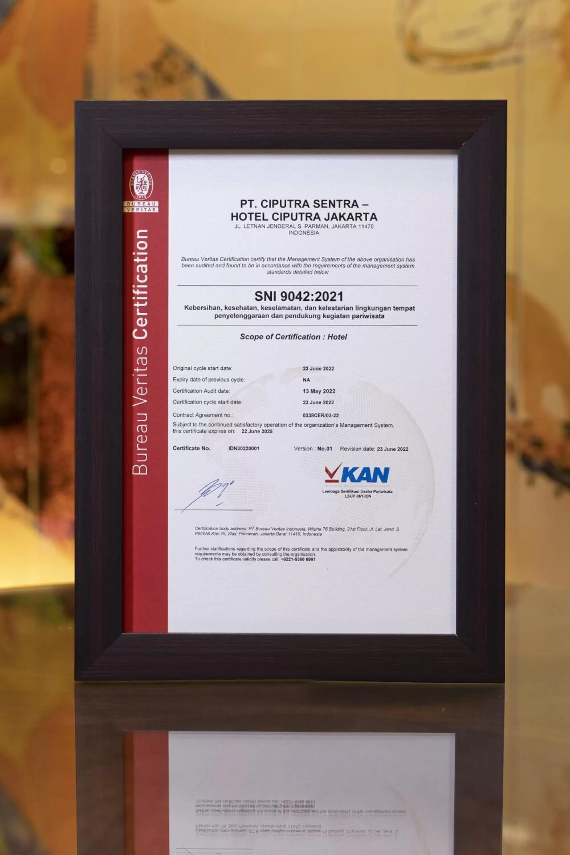 Certificate/Award in Hotel Ciputra Jakarta managed by Swiss-Belhotel International
