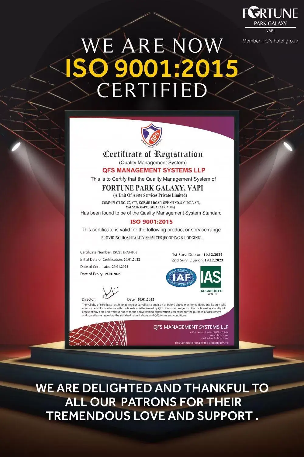 Certificate/Award, Logo/Certificate/Sign/Award in Fortune Park Galaxy, Vapi - Member ITC's Hotel Group