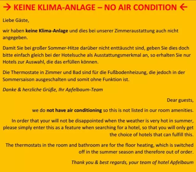 air conditioner in Hotel-Etage Apfelrot managed by Hotel Apfelbaum