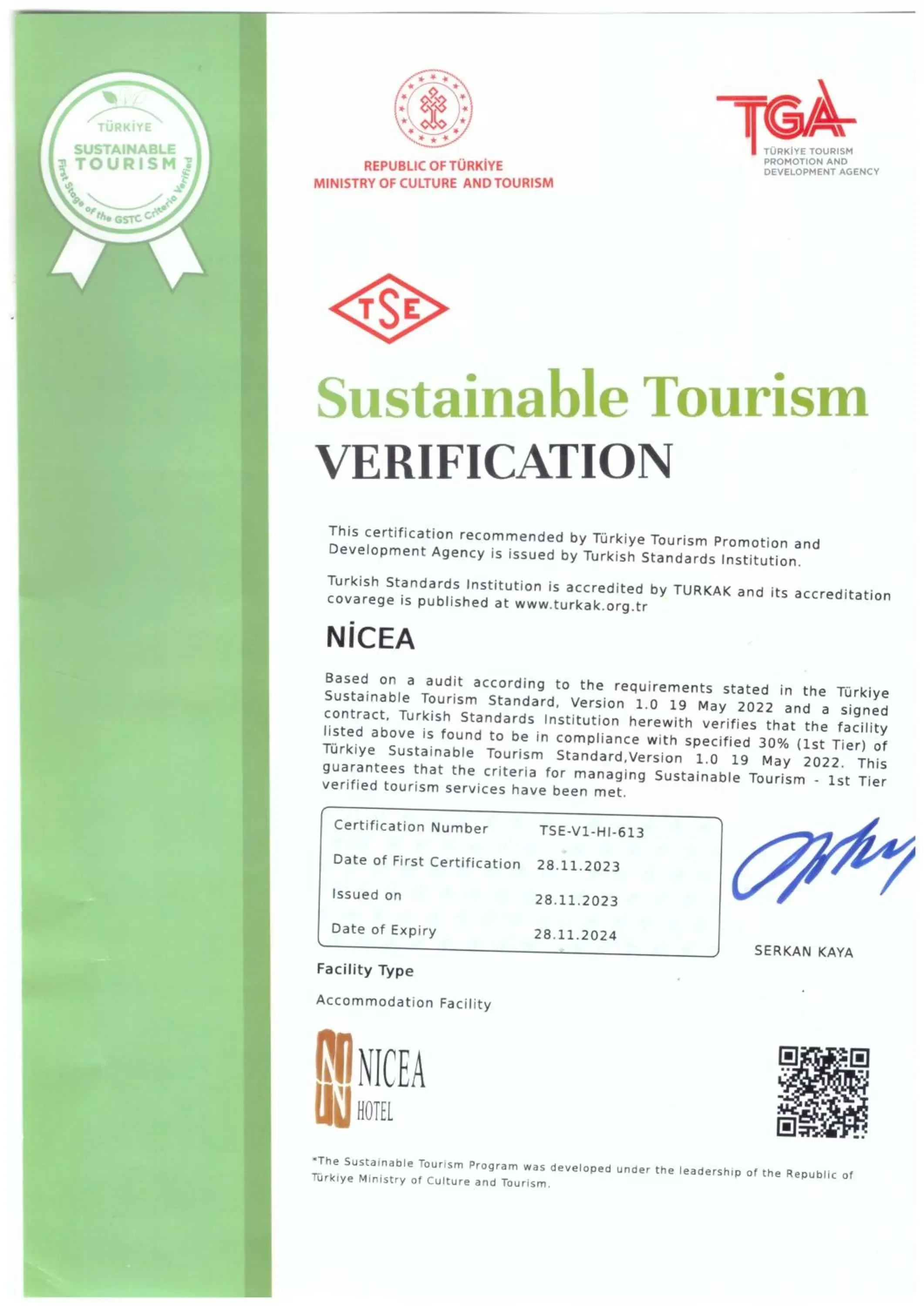 Certificate/Award in Nicea Hotel