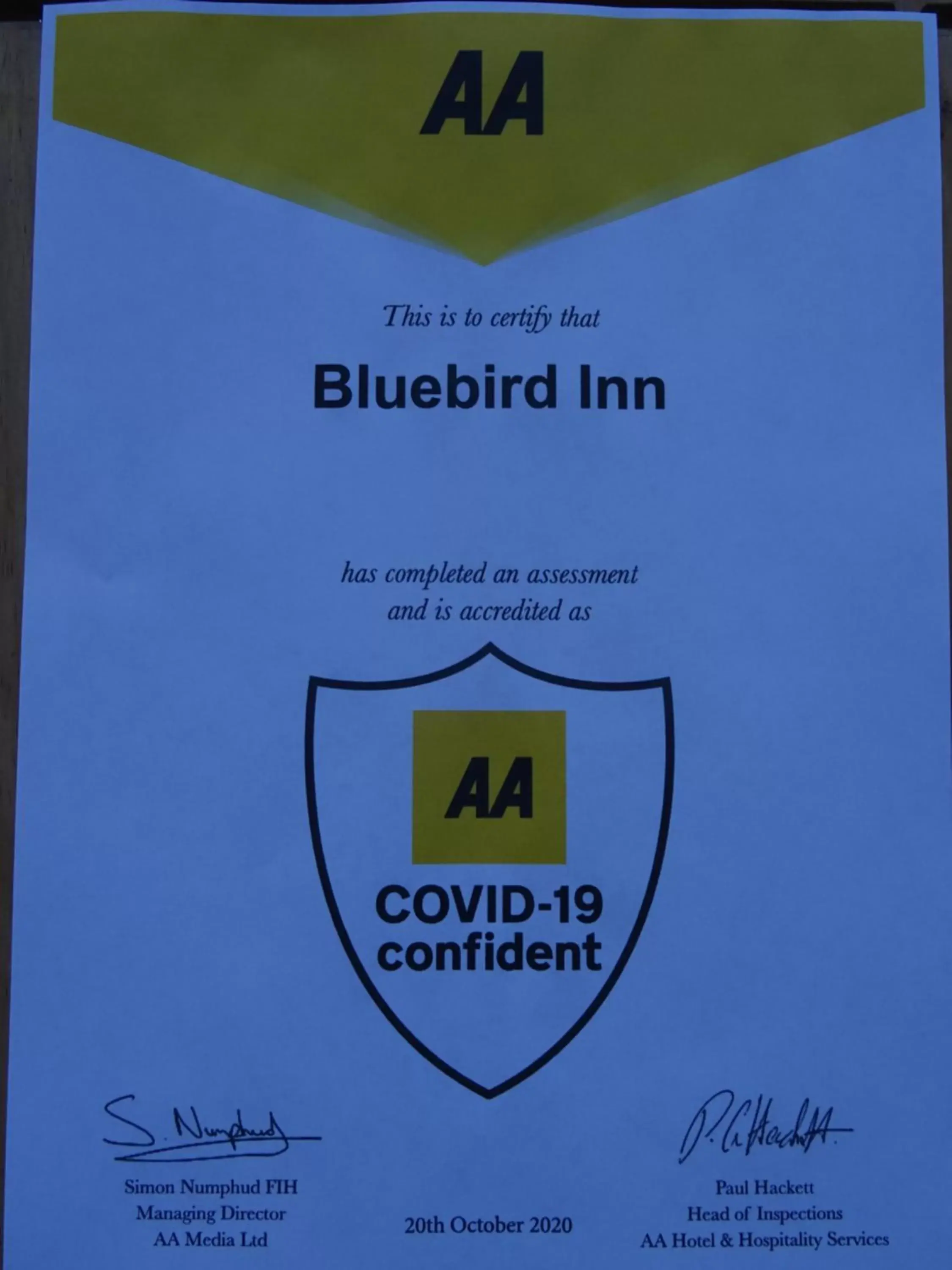 Certificate/Award in The Bluebird Inn at Samlesbury