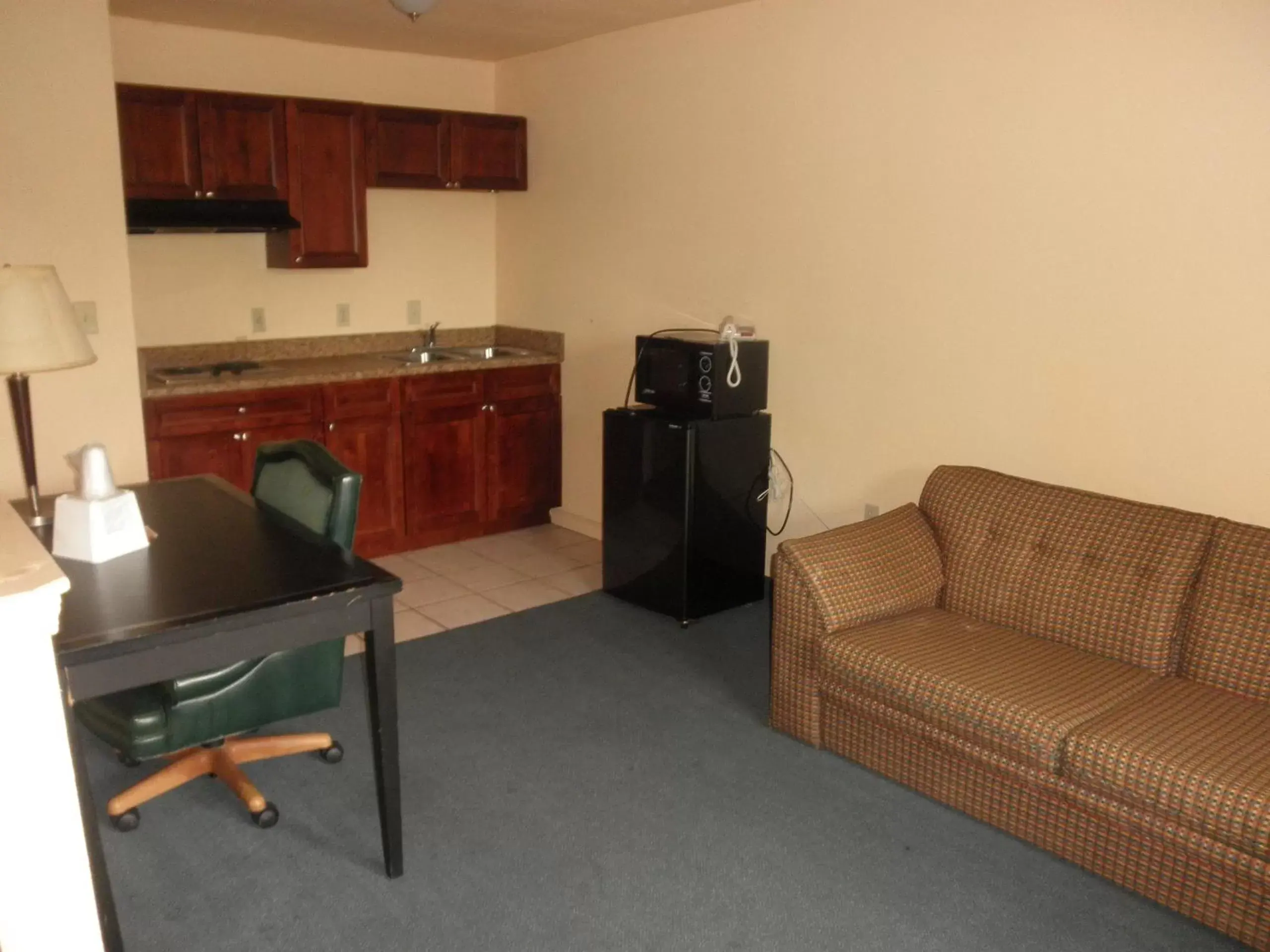 Seating area, Kitchen/Kitchenette in Rodeway Inn & Suites East