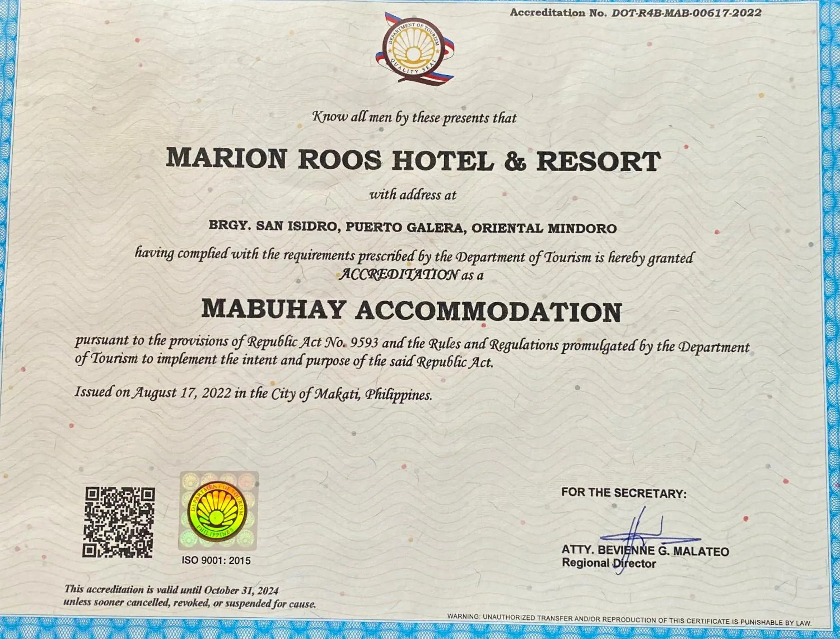 Logo/Certificate/Sign in Marion Roos Hotel