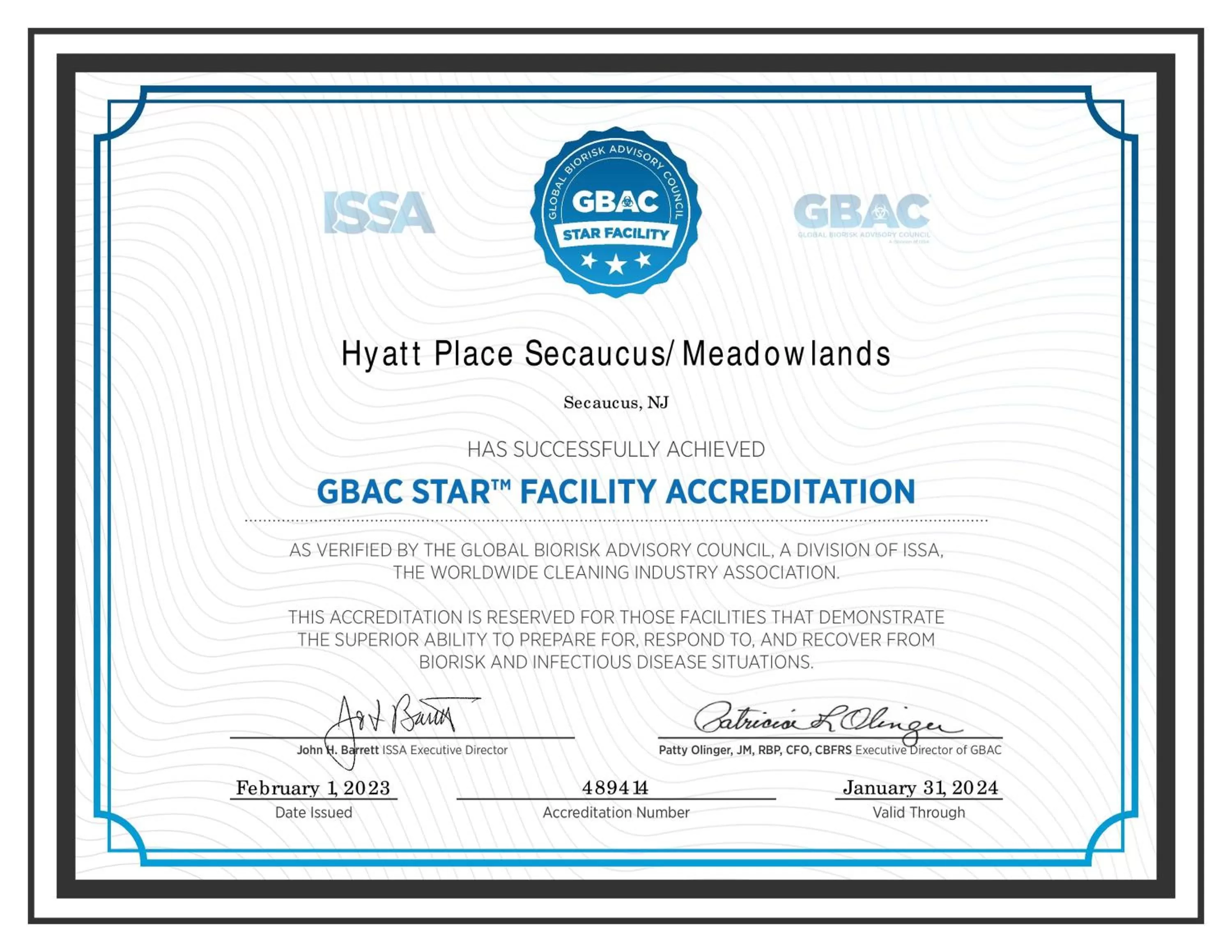 Certificate/Award in Hyatt Place Secaucus Meadowlands