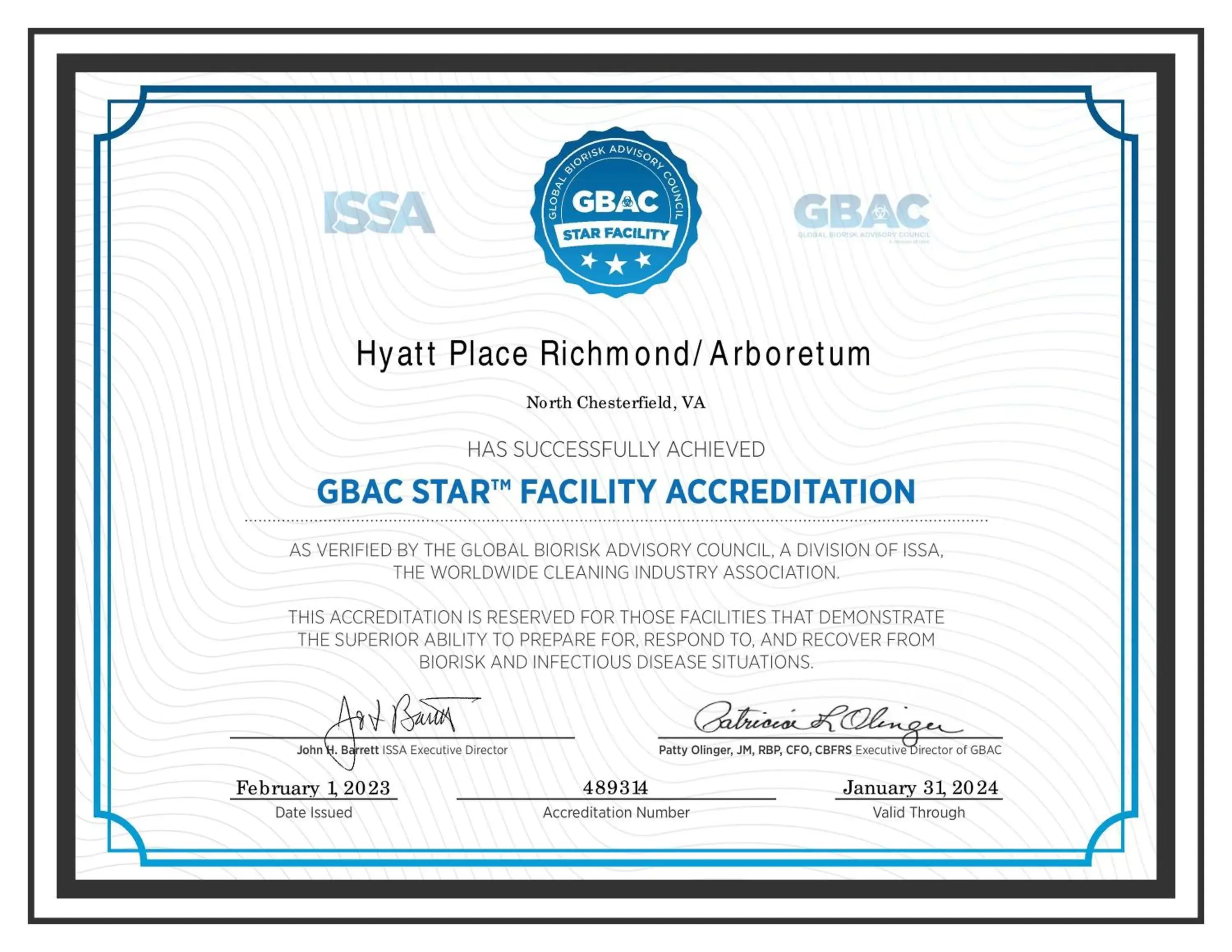 Certificate/Award in Hyatt Place Richmond Arboretum