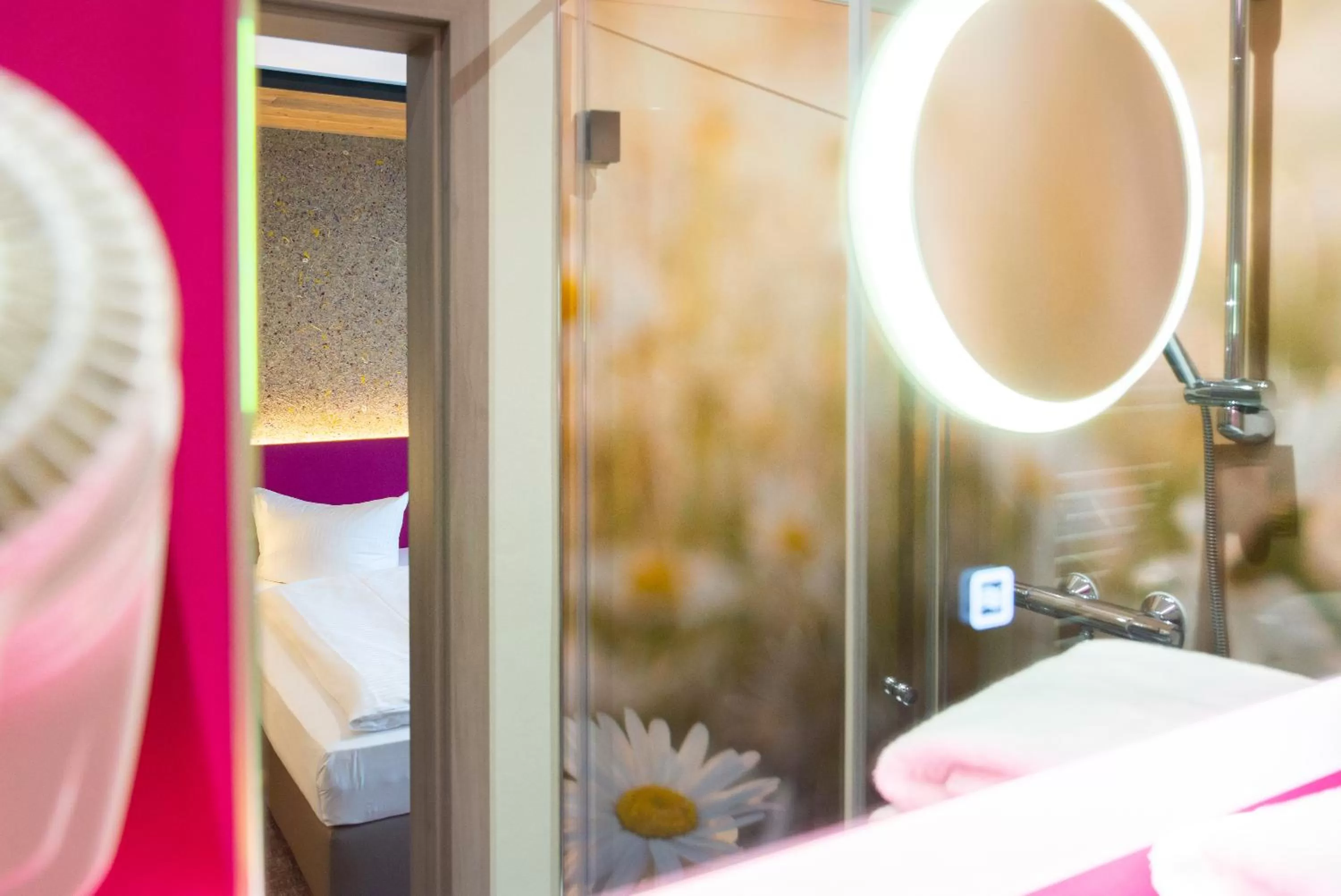 Bathroom, Bed in Hotel Waldmühle