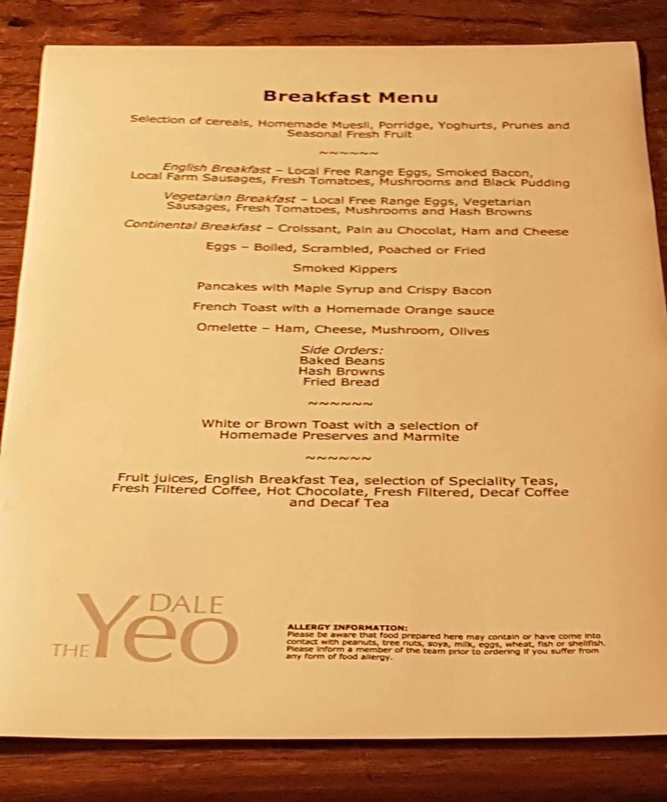 Breakfast in Yeo Dale Hotel