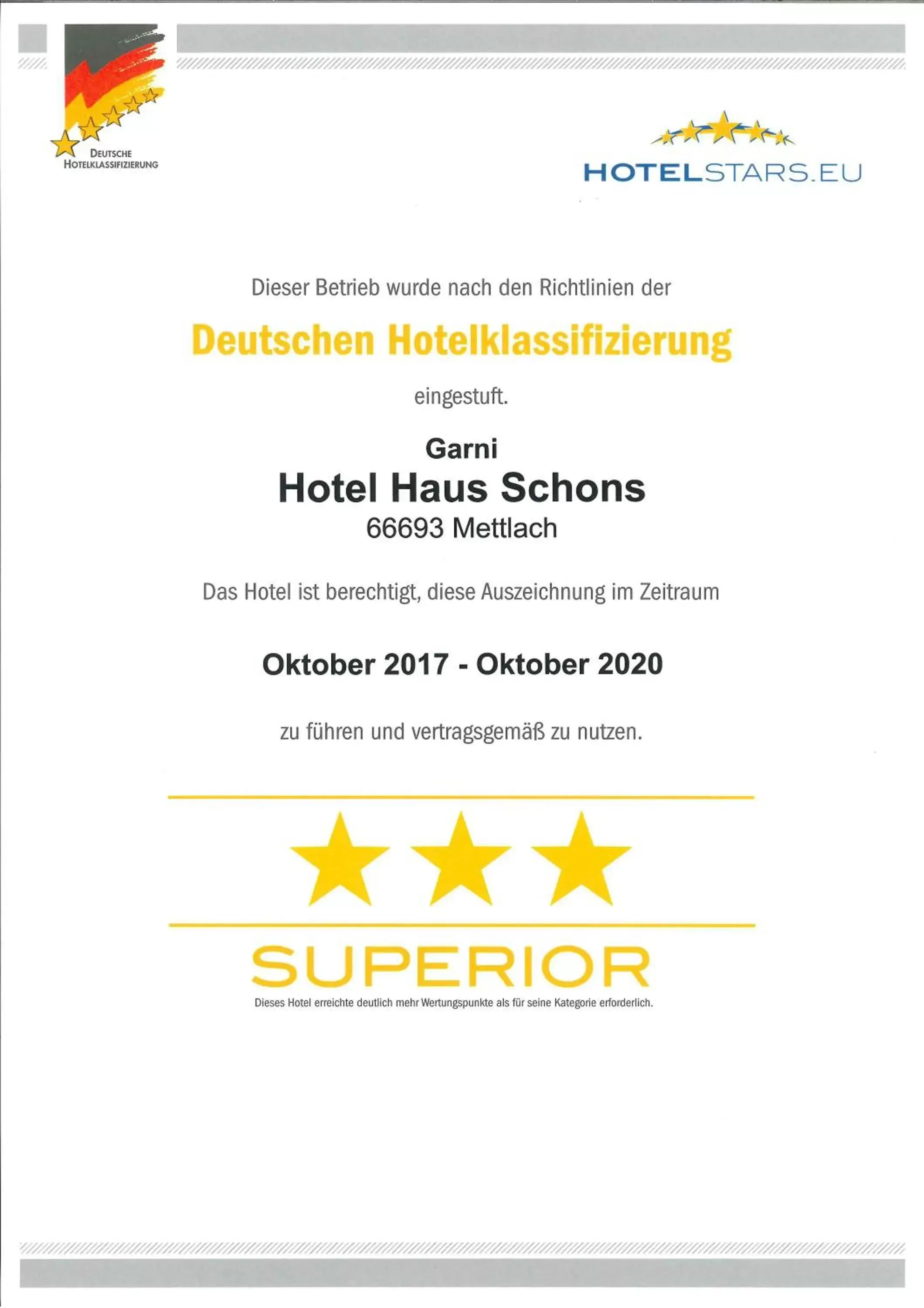 Certificate/Award in Hotel Haus Schons