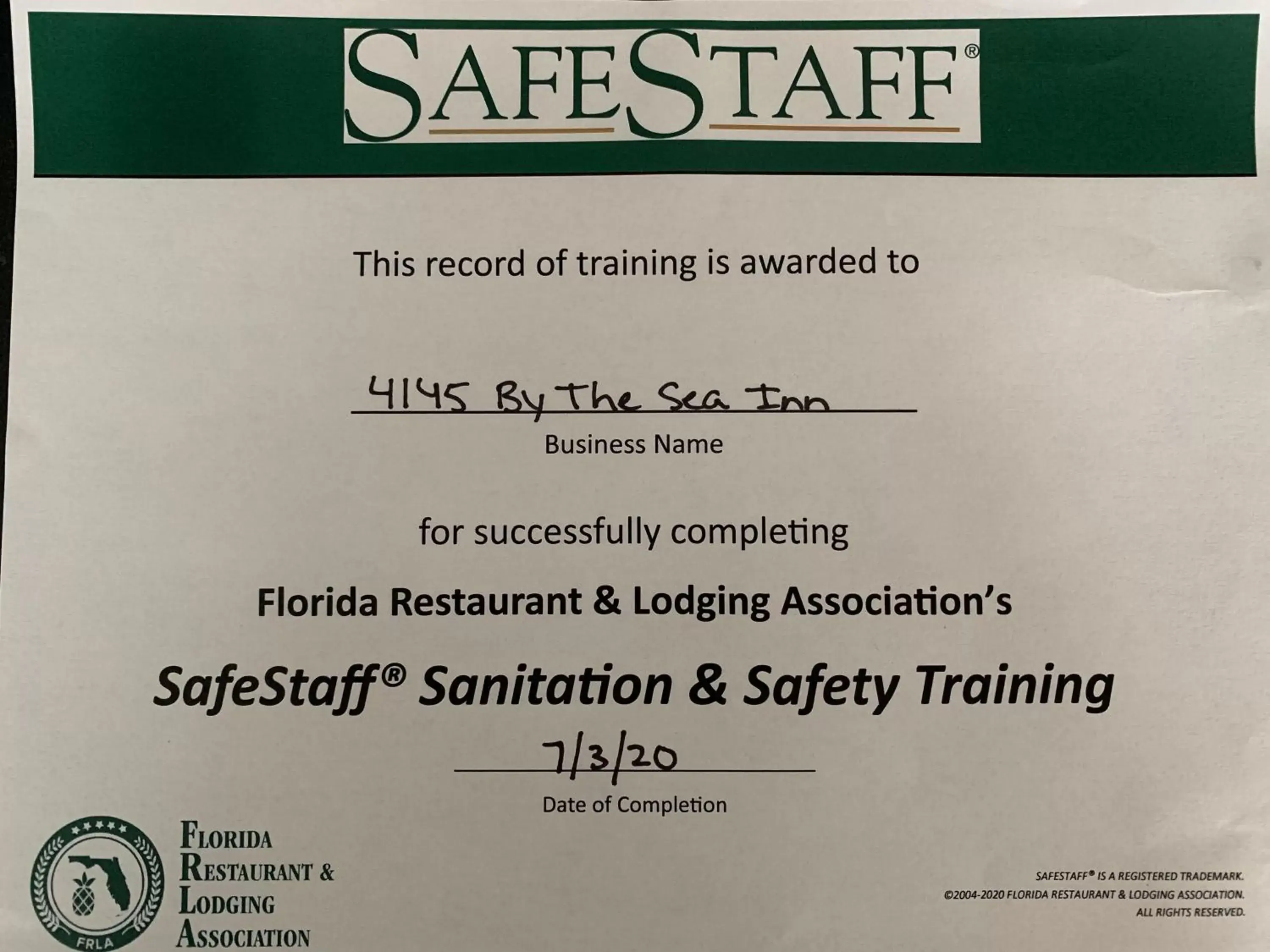Certificate/Award in 4145 By The Sea Inn & Suites
