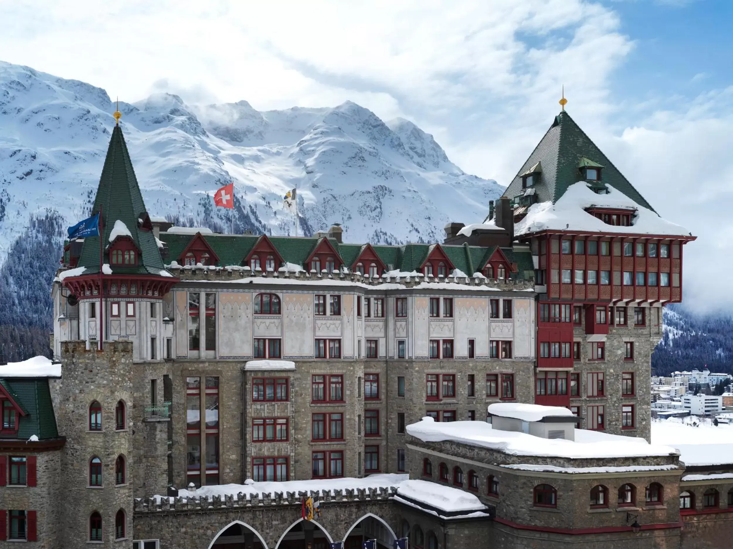 Facade/entrance, Winter in Badrutt's Palace Hotel St Moritz