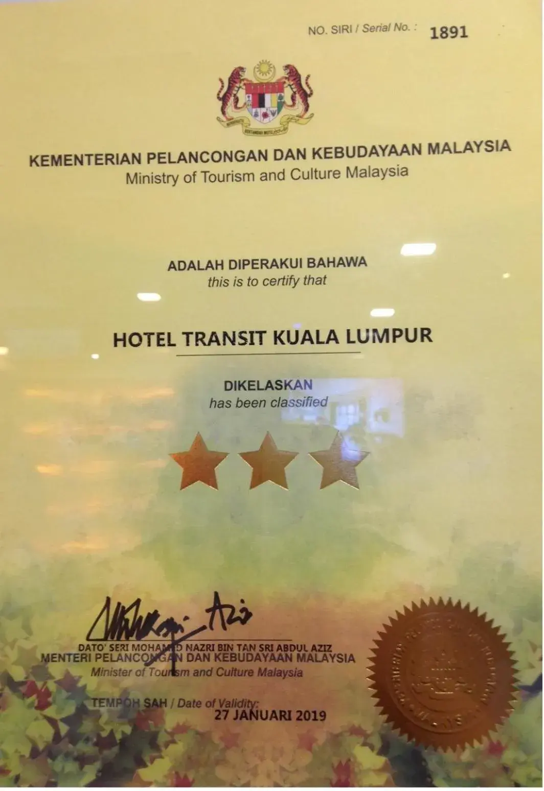 Certificate/Award in Hotel Transit Kuala Lumpur