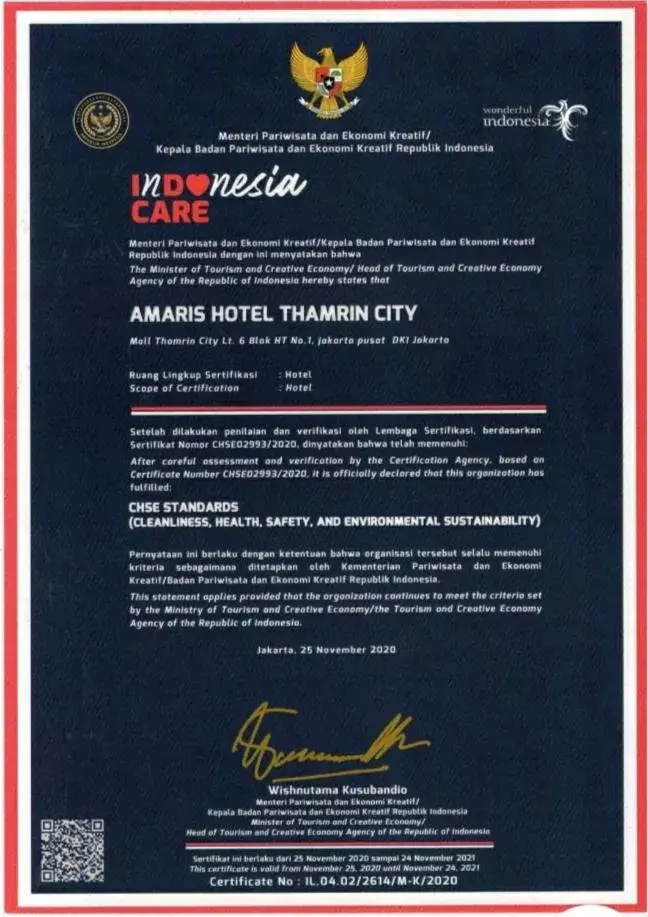 Certificate/Award in Amaris Thamrin City Hotel