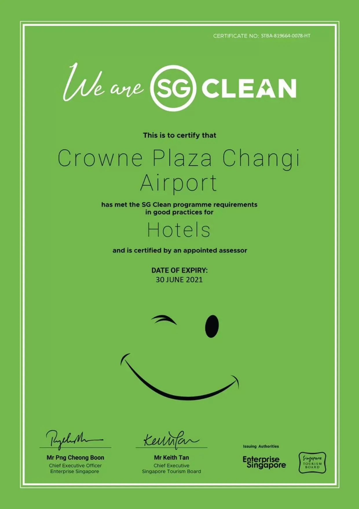 Certificate/Award in Crowne Plaza Changi Airport, an IHG Hotel