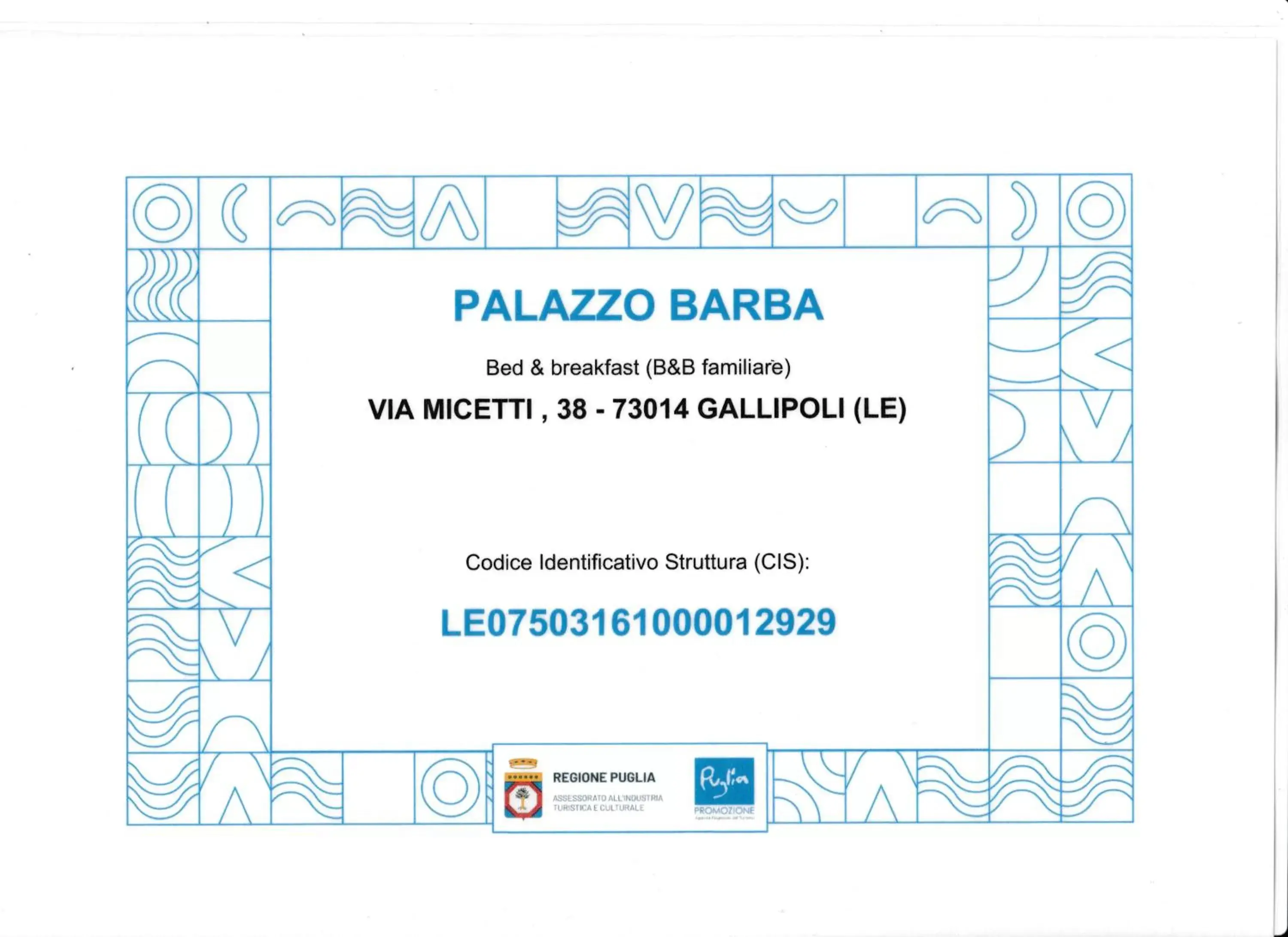 Certificate/Award in Palazzo Barba