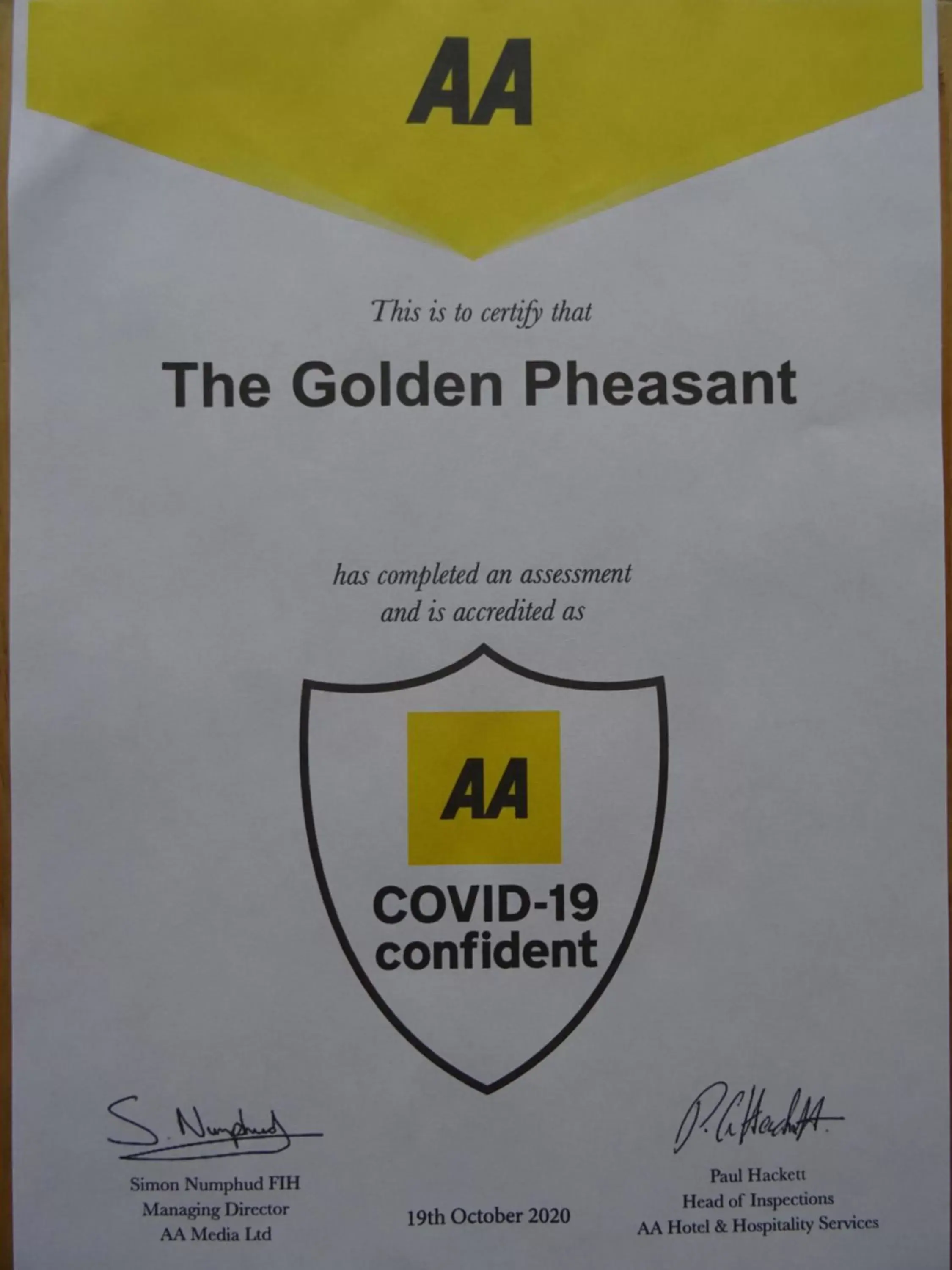 Certificate/Award in The Golden Pheasant
