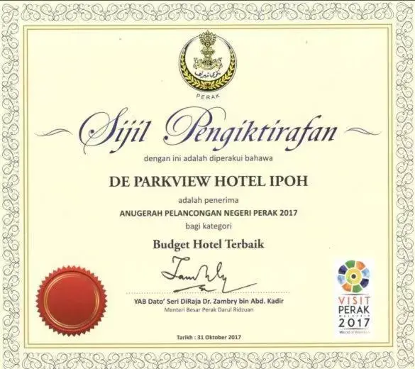 Certificate/Award in De Parkview Hotel Certificate/Award in De Parkview Hotel