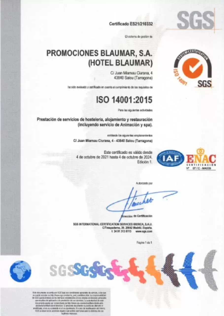 Certificate/Award in Blaumar Hotel