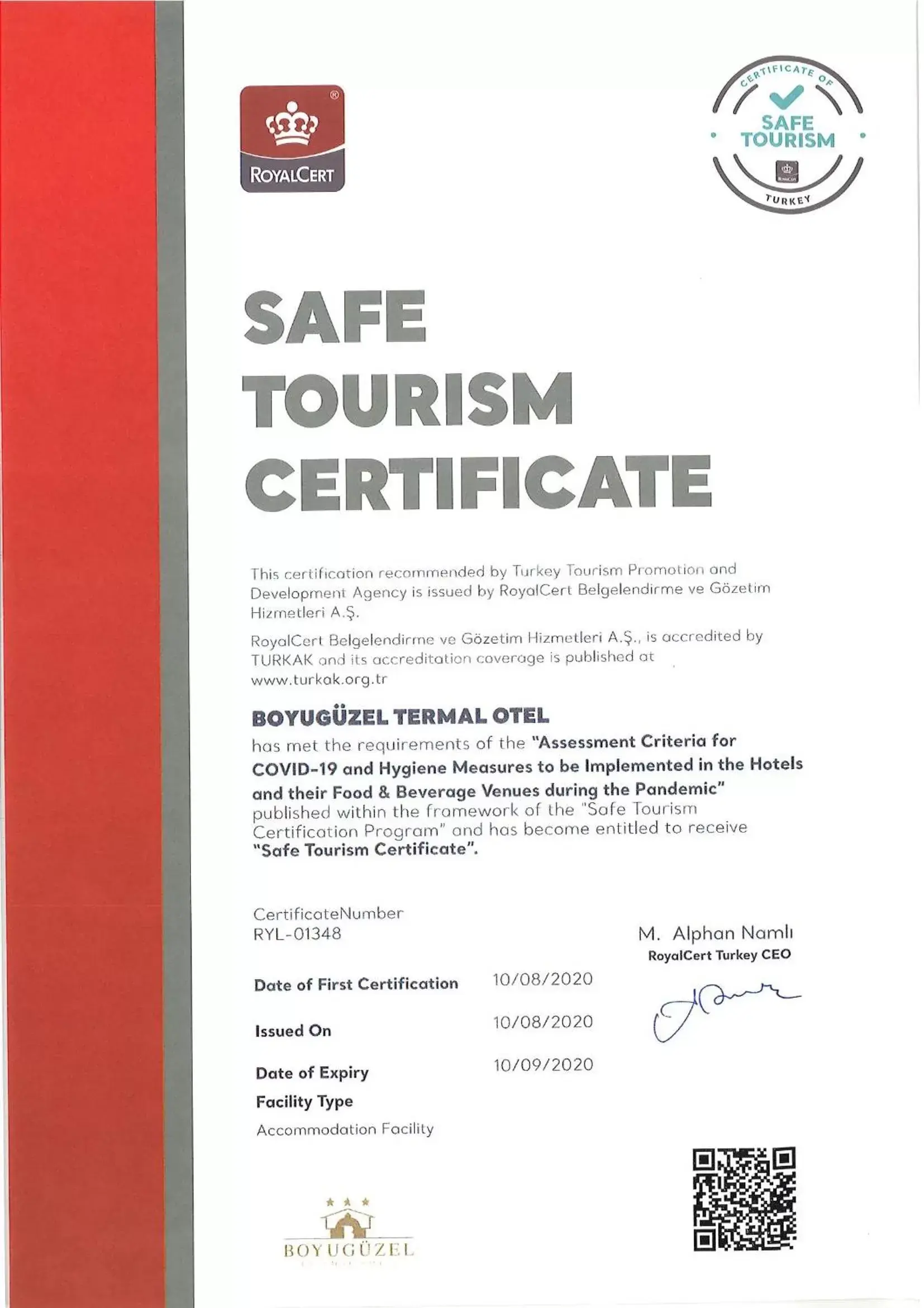 Certificate/Award in Boyuguzel Termal Hotel
