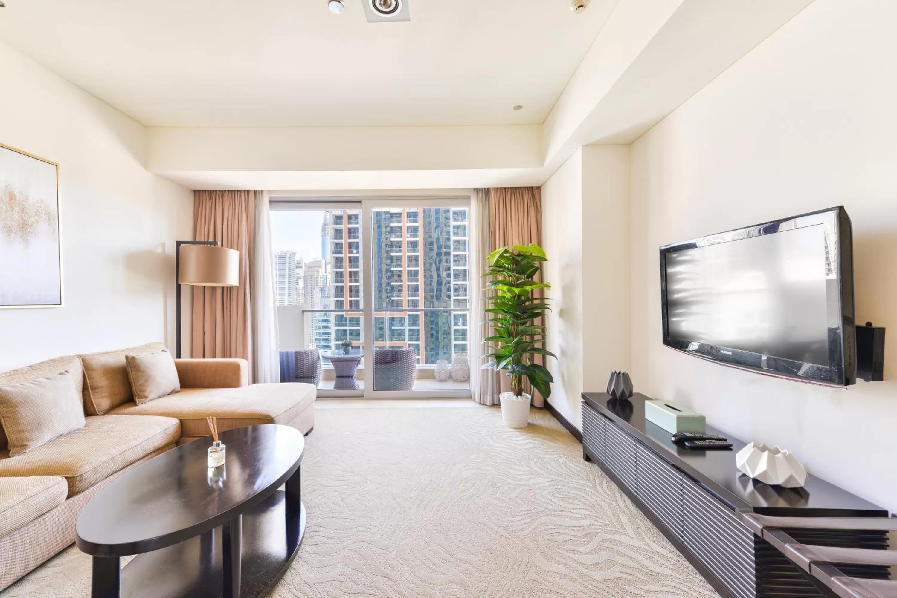 Living room, Bed in Emaar Residences Dubai Marina by Qstay - formerly Address Dubai Marina