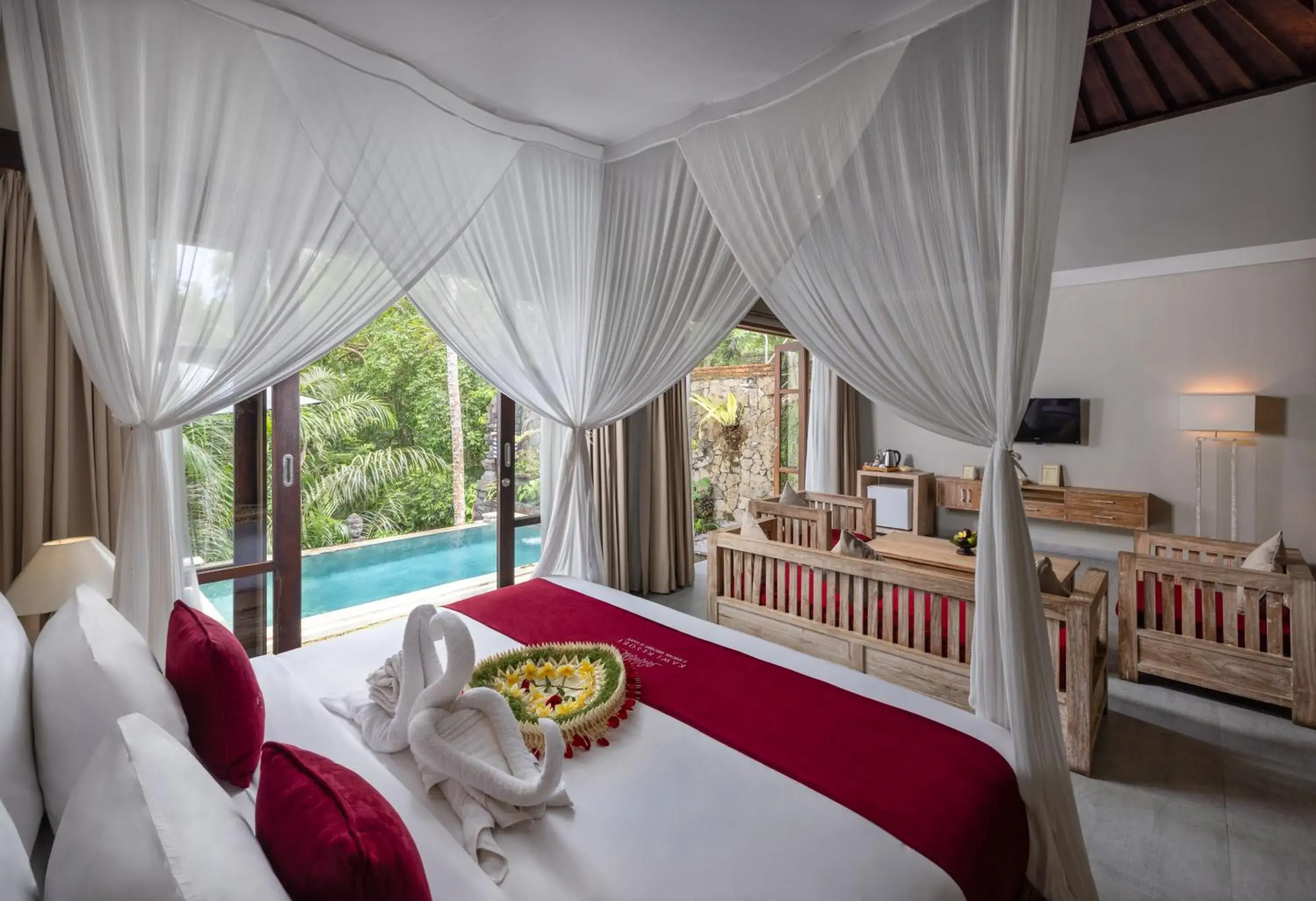 Bed, Pool View in Kawi Resort A Pramana Experience