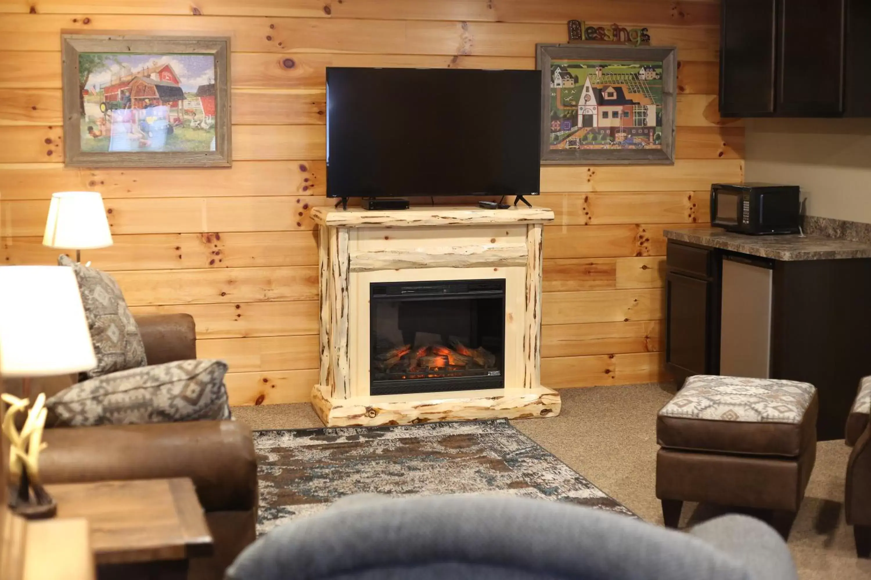 Living room, TV/Entertainment Center in Blessing Lodge by Amish Country Lodging