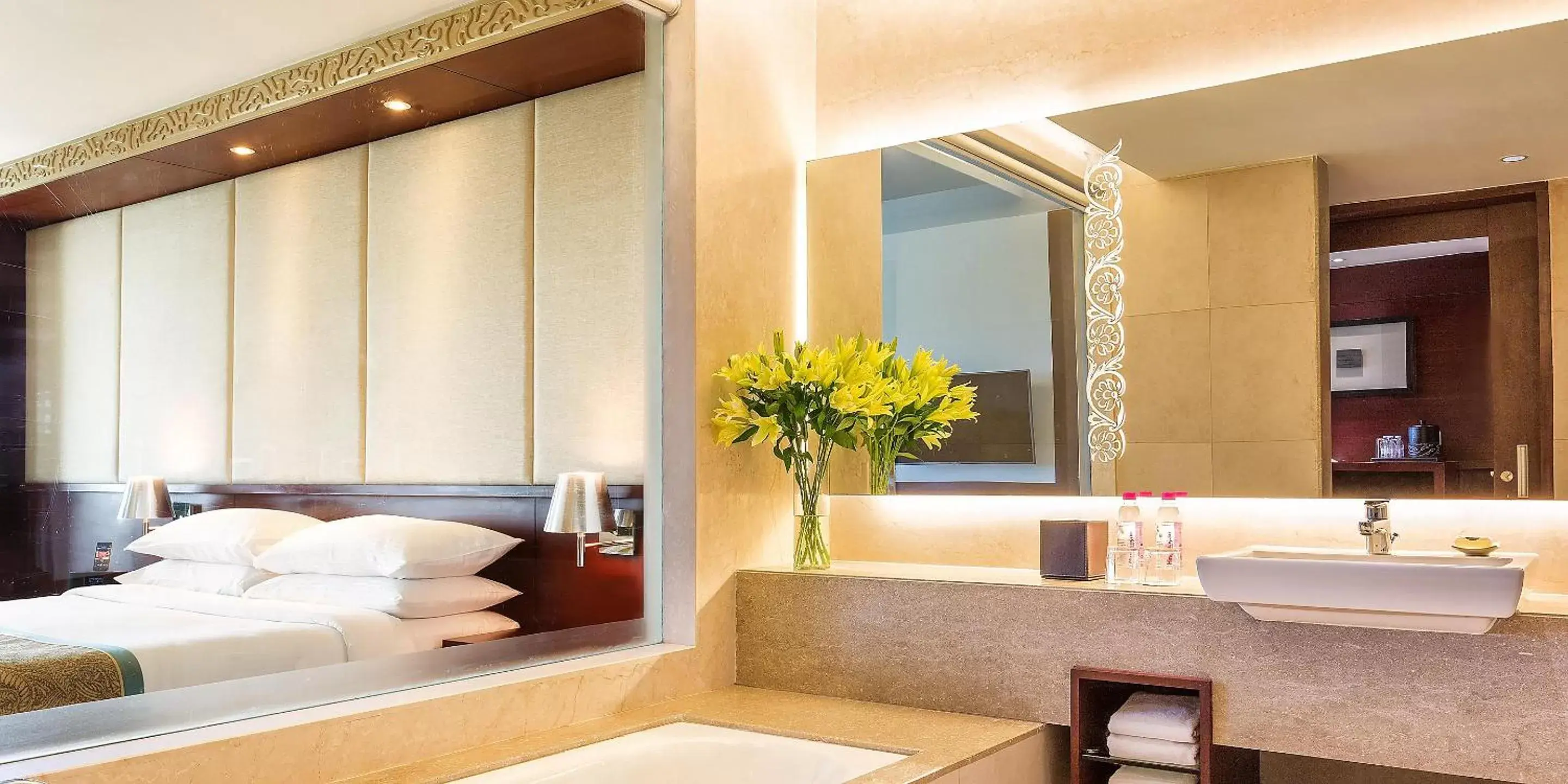 Bathroom, Bed in Crowne Plaza Ahmedabad City Centre by IHG Bathroom, Bed in Crowne Plaza Ahmedabad City Centre by IHG