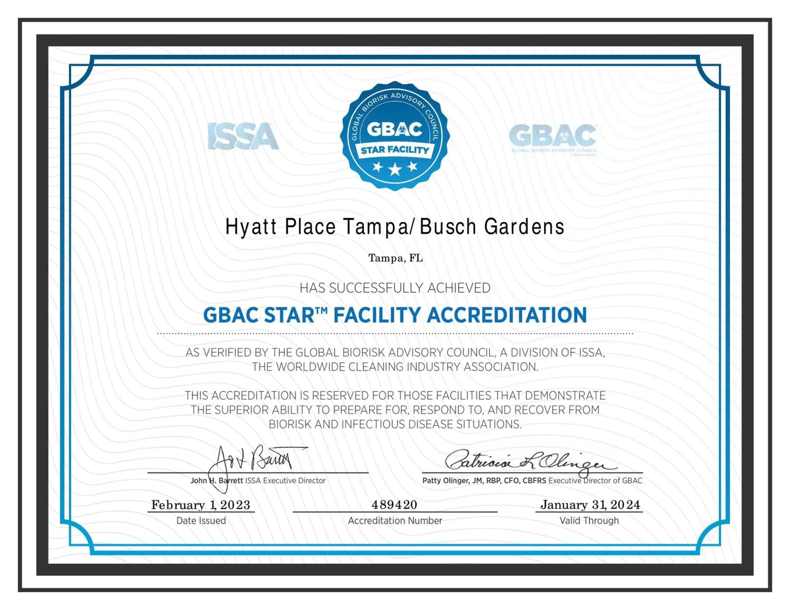 Certificate/Award in Hyatt Place Tampa Busch Gardens