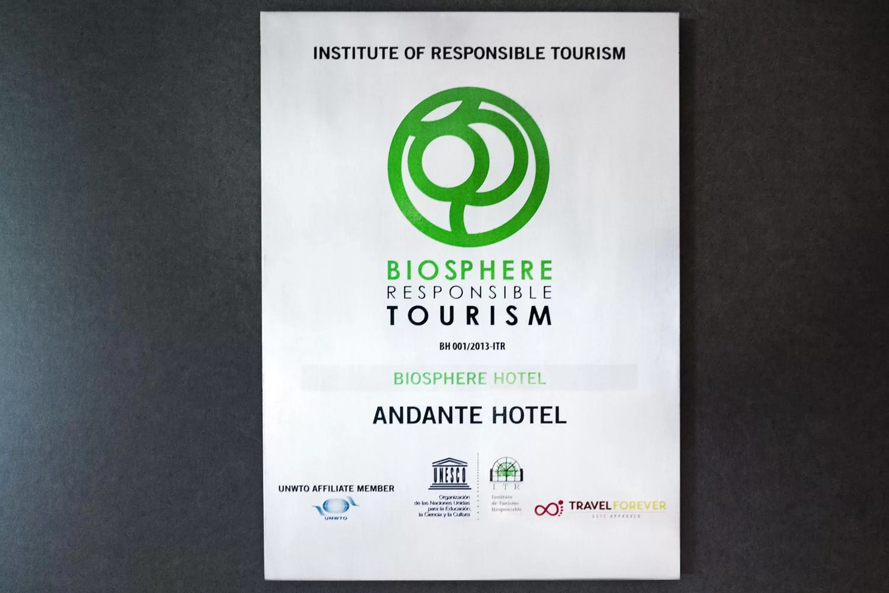 Certificate/Award in Andante Hotel