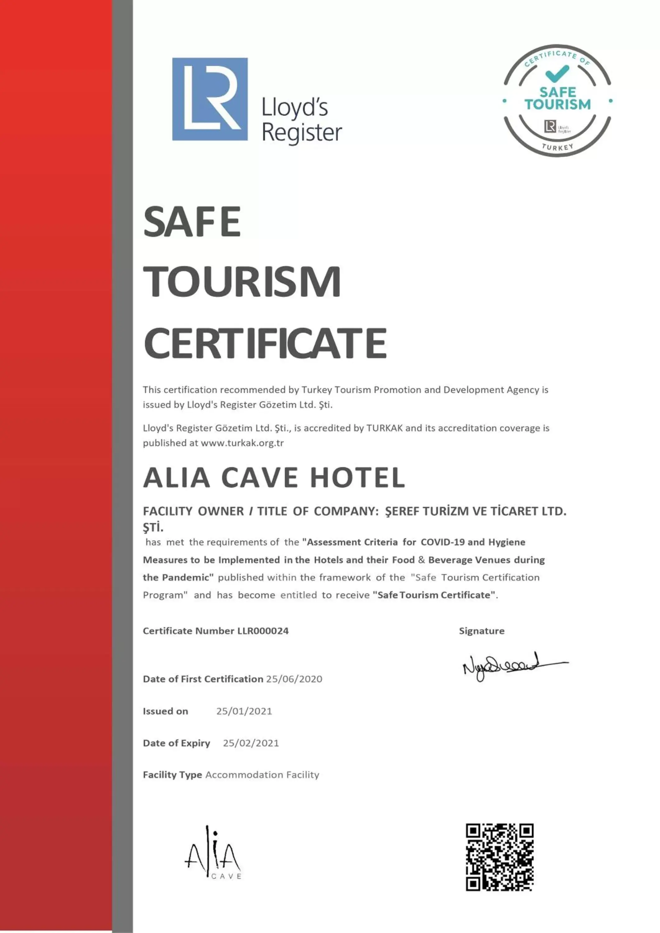 Logo/Certificate/Sign in Alia Cave Hotel