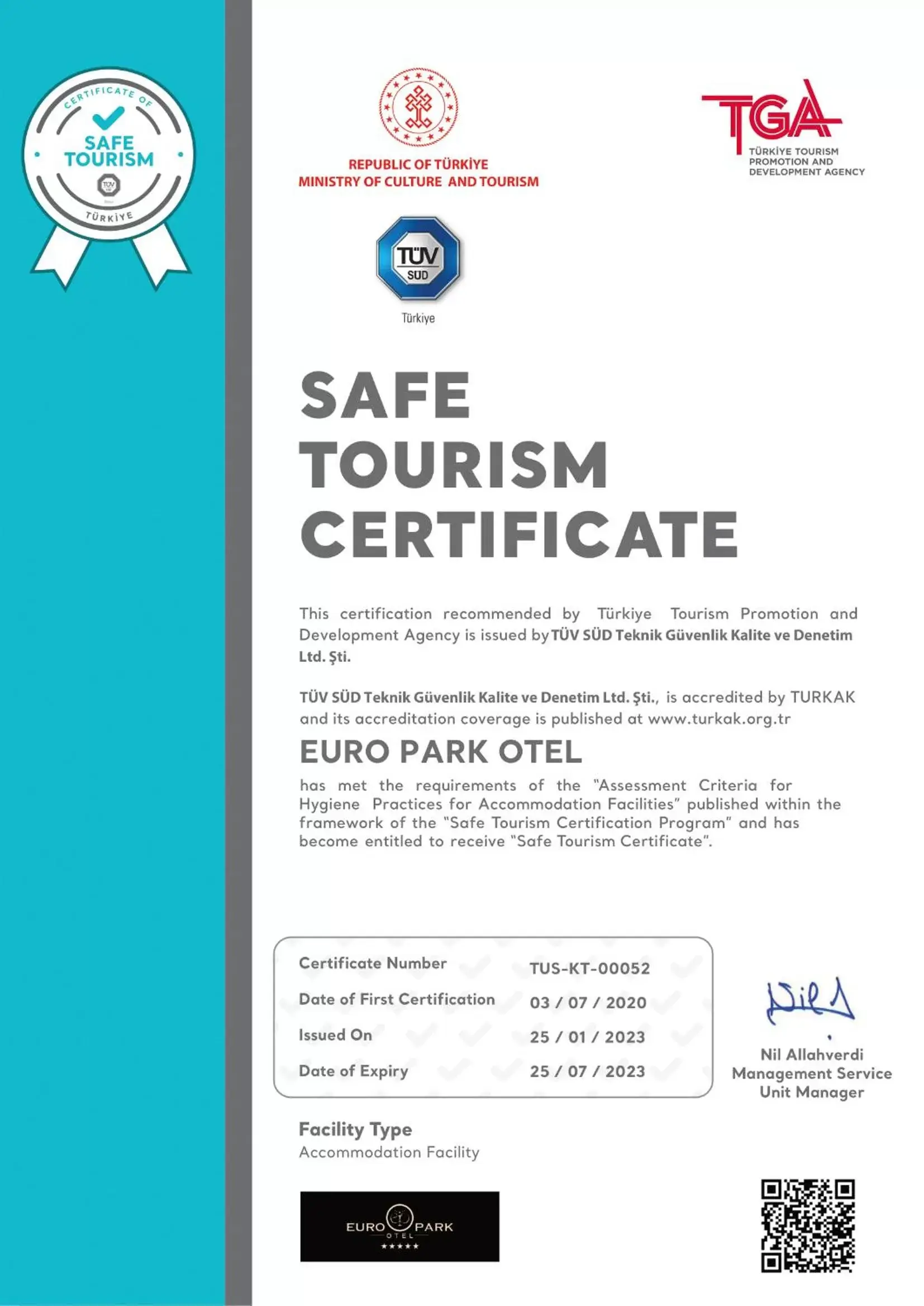 Certificate/Award in Euro Park Otel