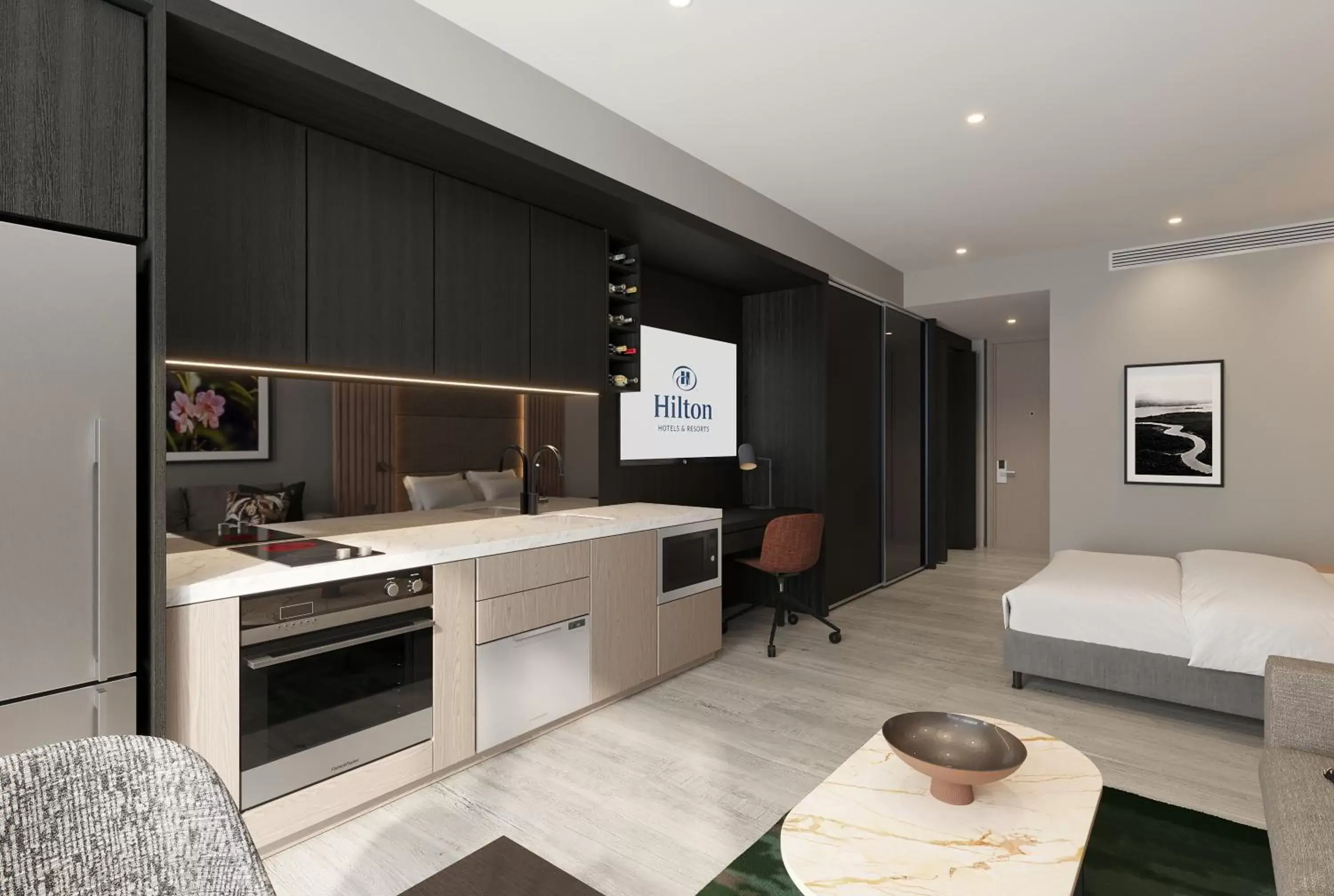 Living room, Kitchen/Kitchenette in Hilton Port Moresby Hotel & Residences