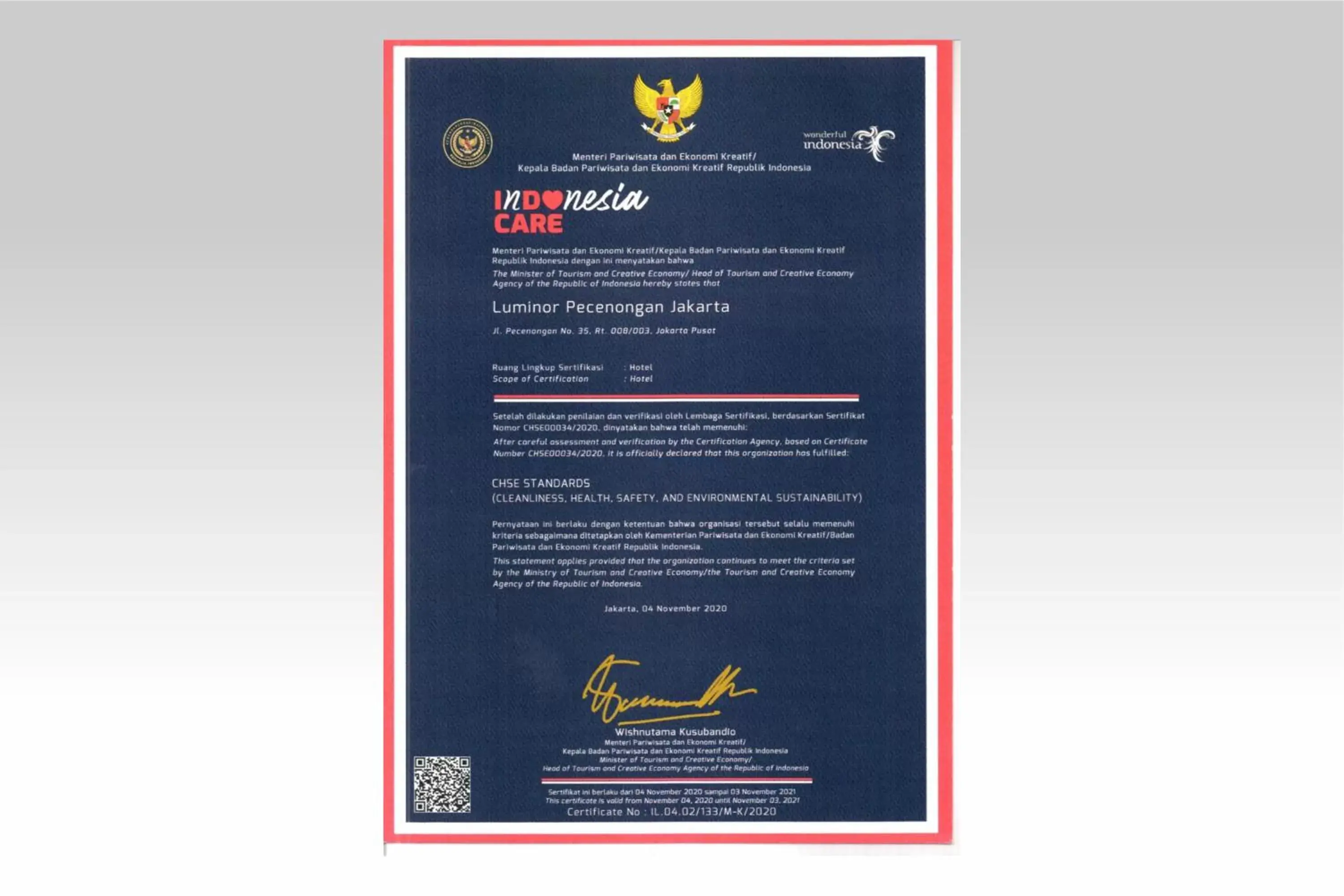 Certificate/Award in Luminor Hotel Pecenongan Jakarta By WH