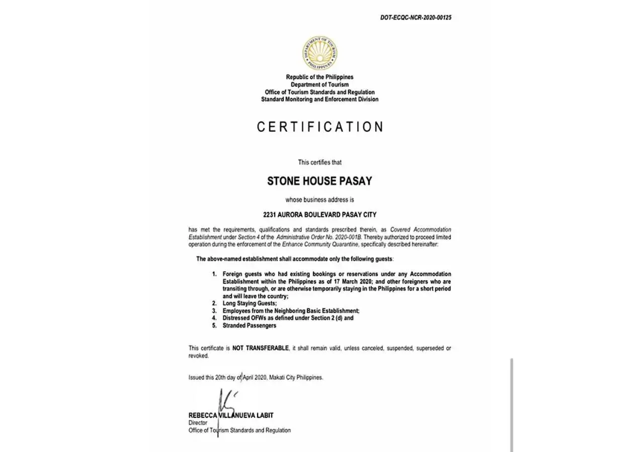 Certificate/Award, Logo/Certificate/Sign/Award in Stone House Hotel Pasay